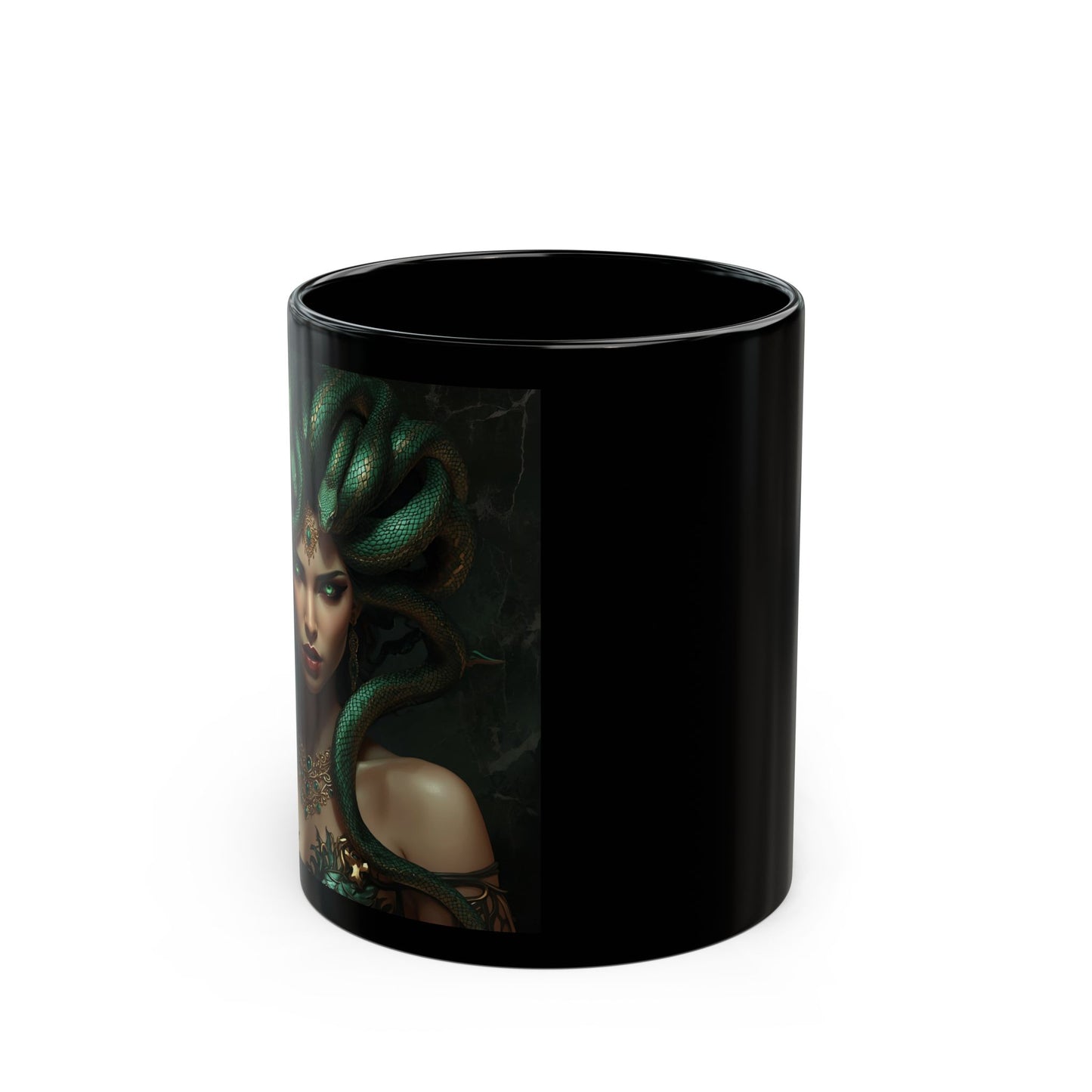 Medusa - Gilded Gaze Mug - side view - black mug with Medusa image