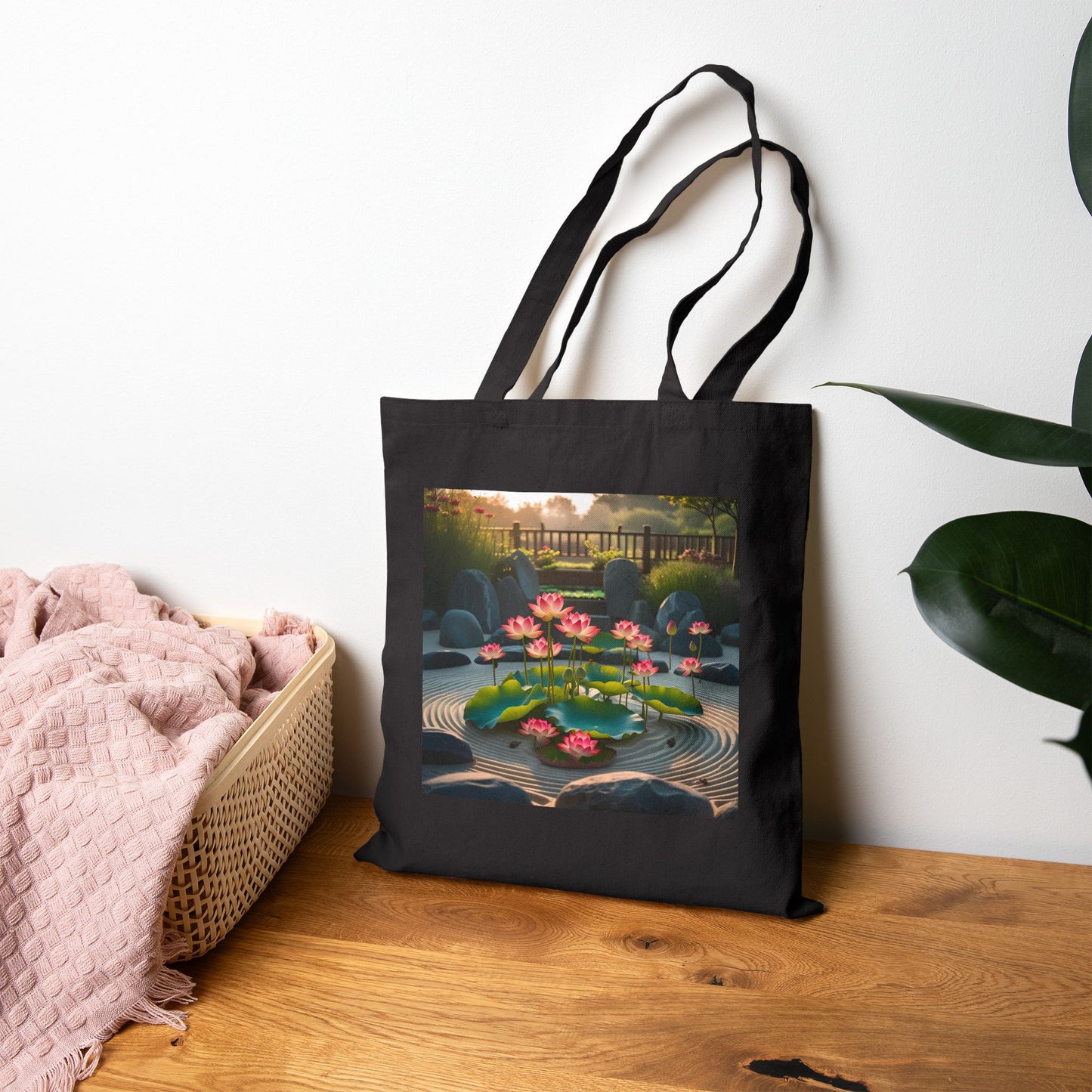Garden of Stillness Canvas Tote Bag in Black