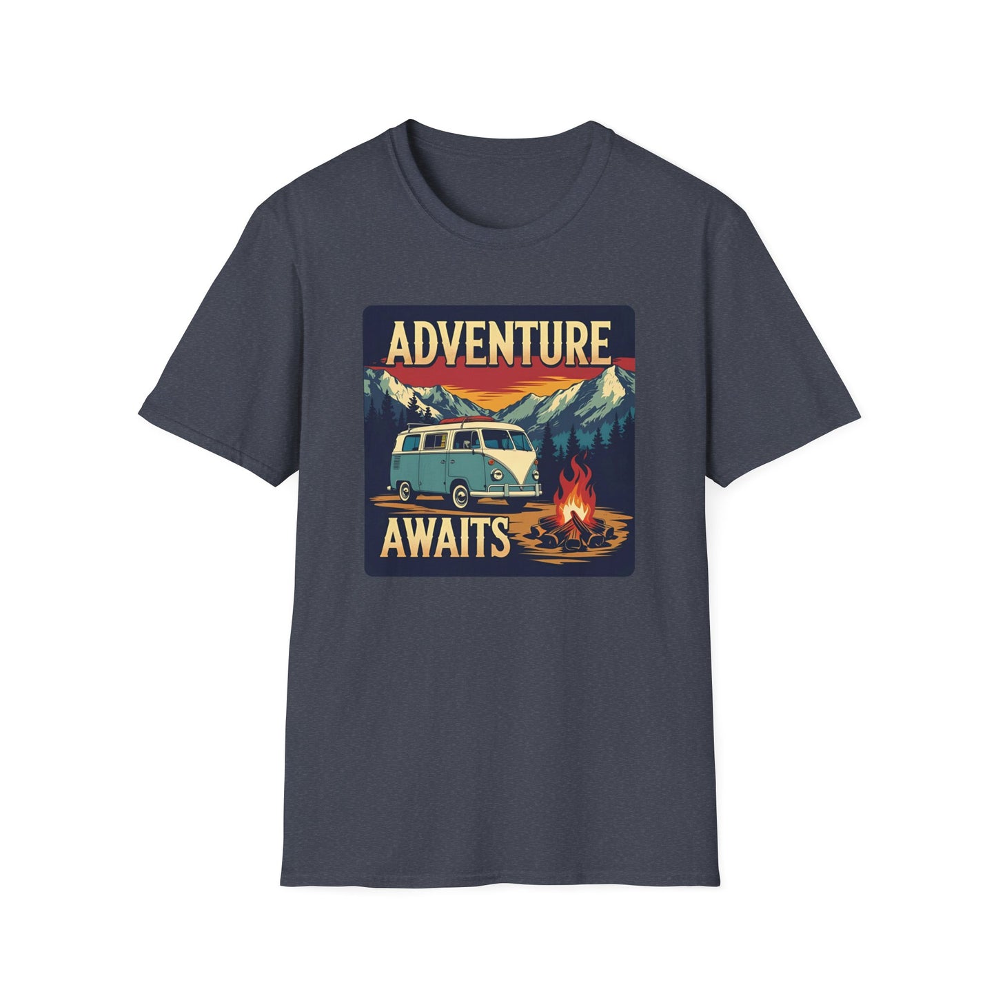 Adventure Awaits - Retro Camper Van Adventure T-Shirt in Heather Navy