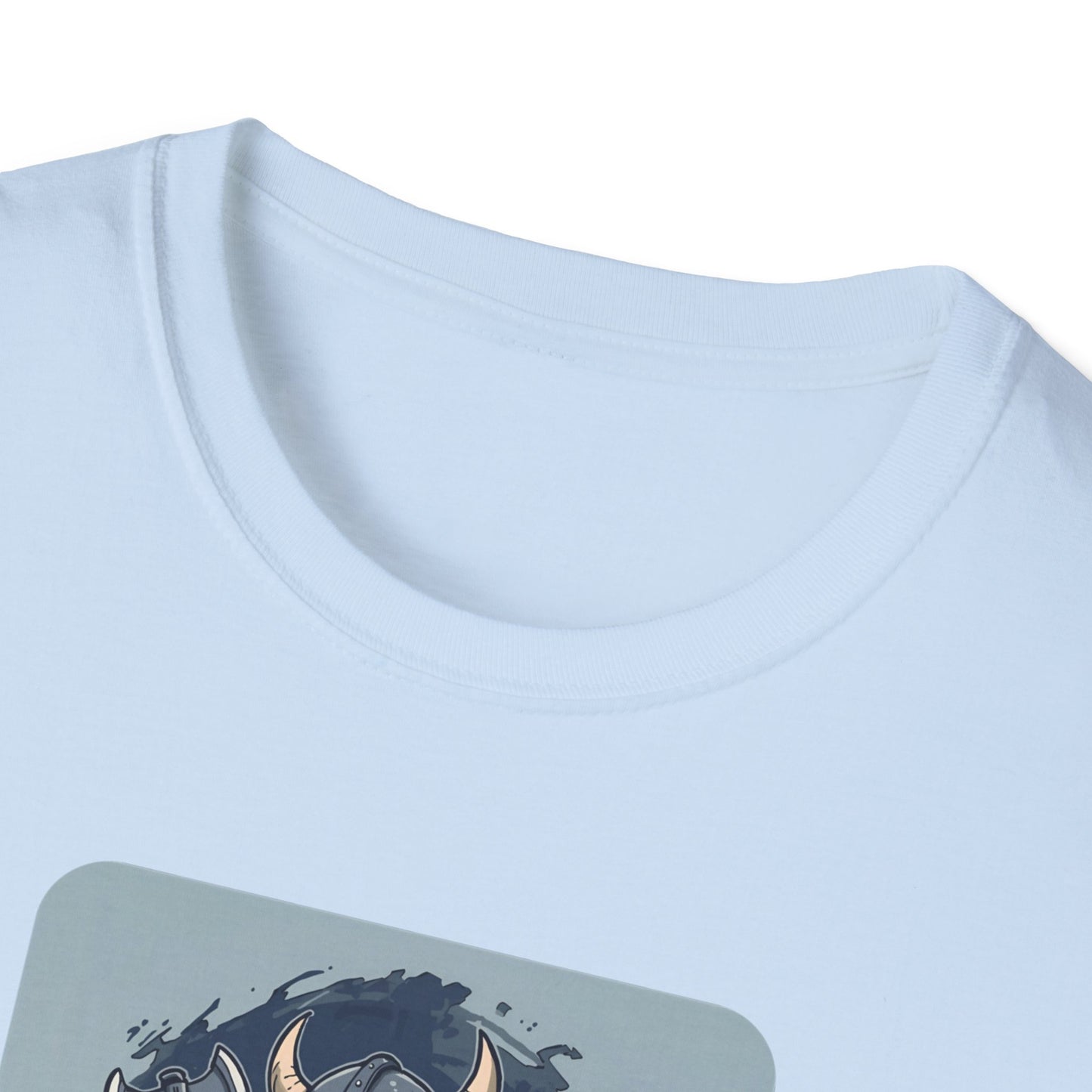 Goth Viking Duck – Dark Cartoon Chaos T-Shirt in Light Blue - Neckline