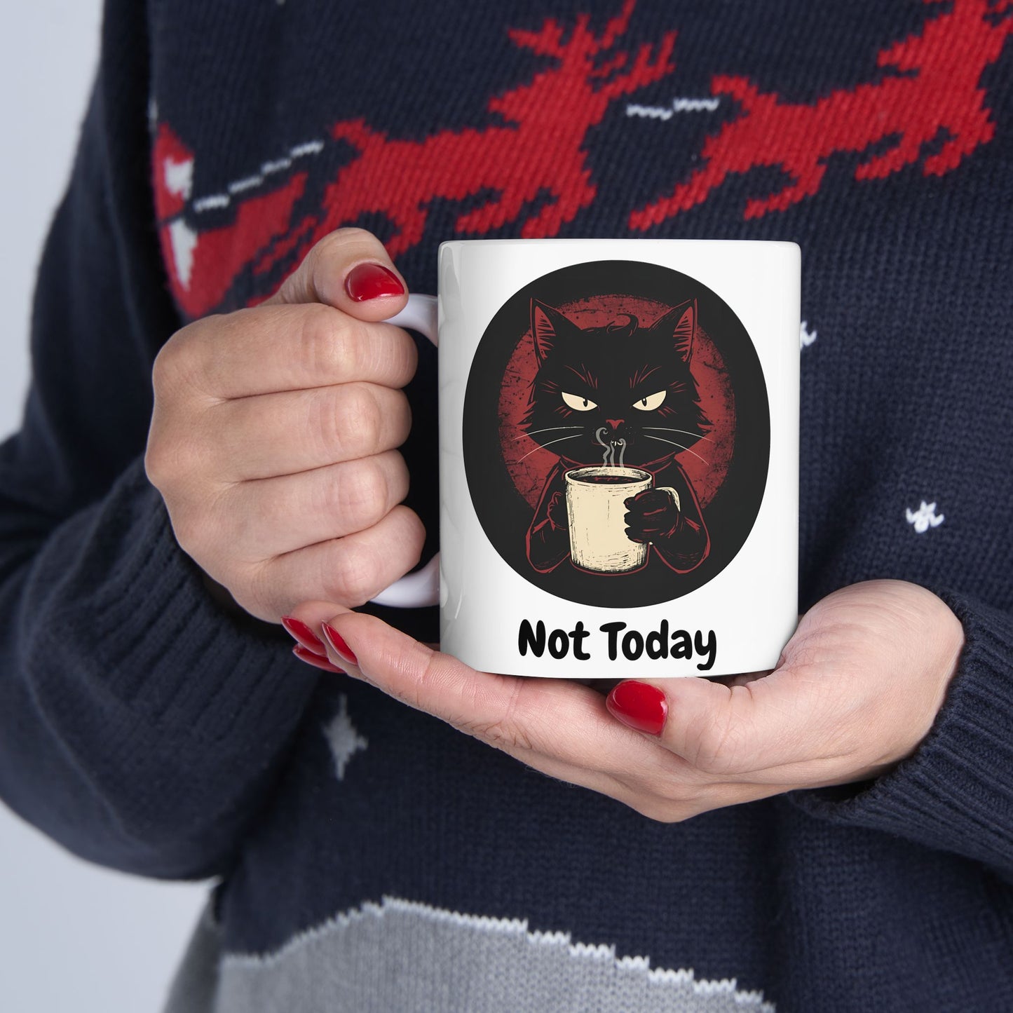 Not Today – Grumpy Black Cat Coffee Mug - white mug with cute annoyed cat and text
