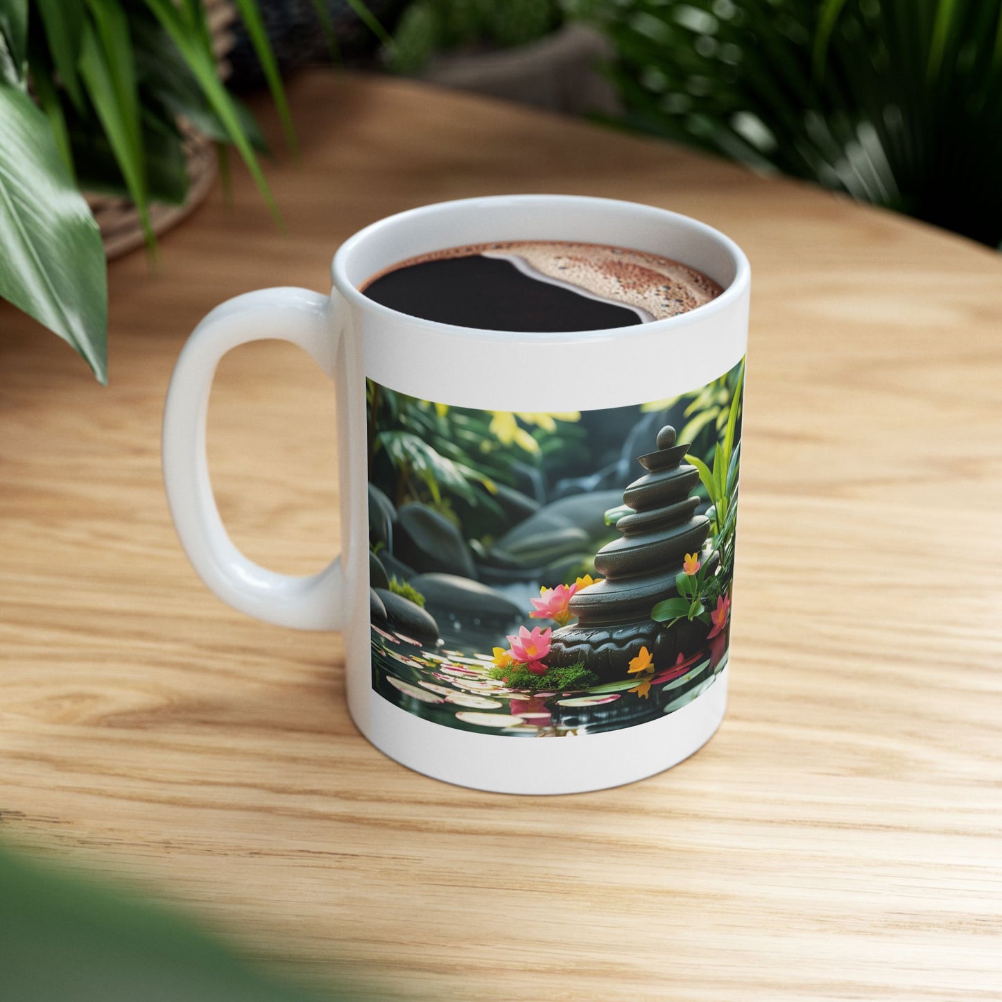 Still Waters – Lotus & Stones Mug - white mug with serene image