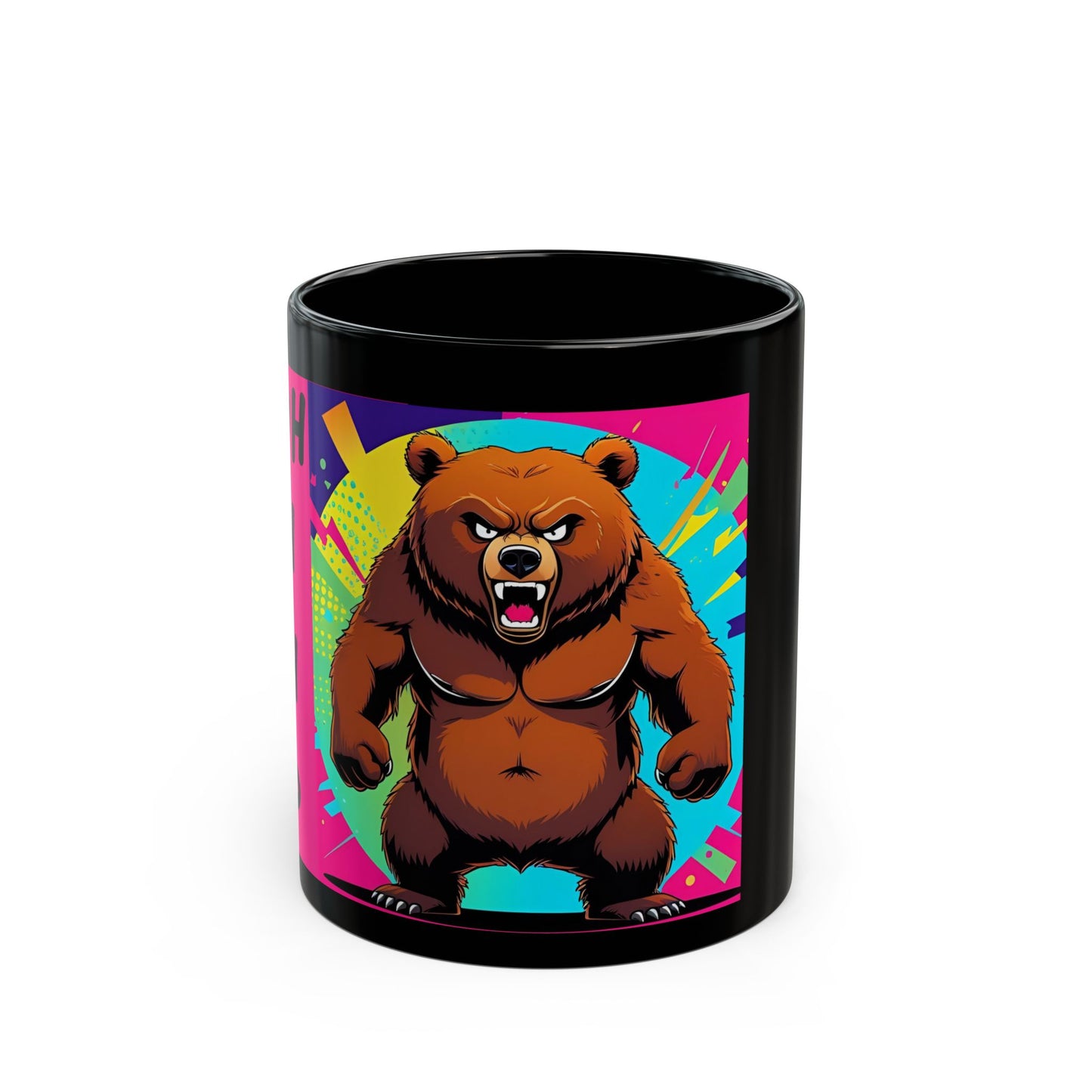 SHUH DUH FUH CUP Fierce Bear Mug - side view - black mug with funny angry bear and funny text
