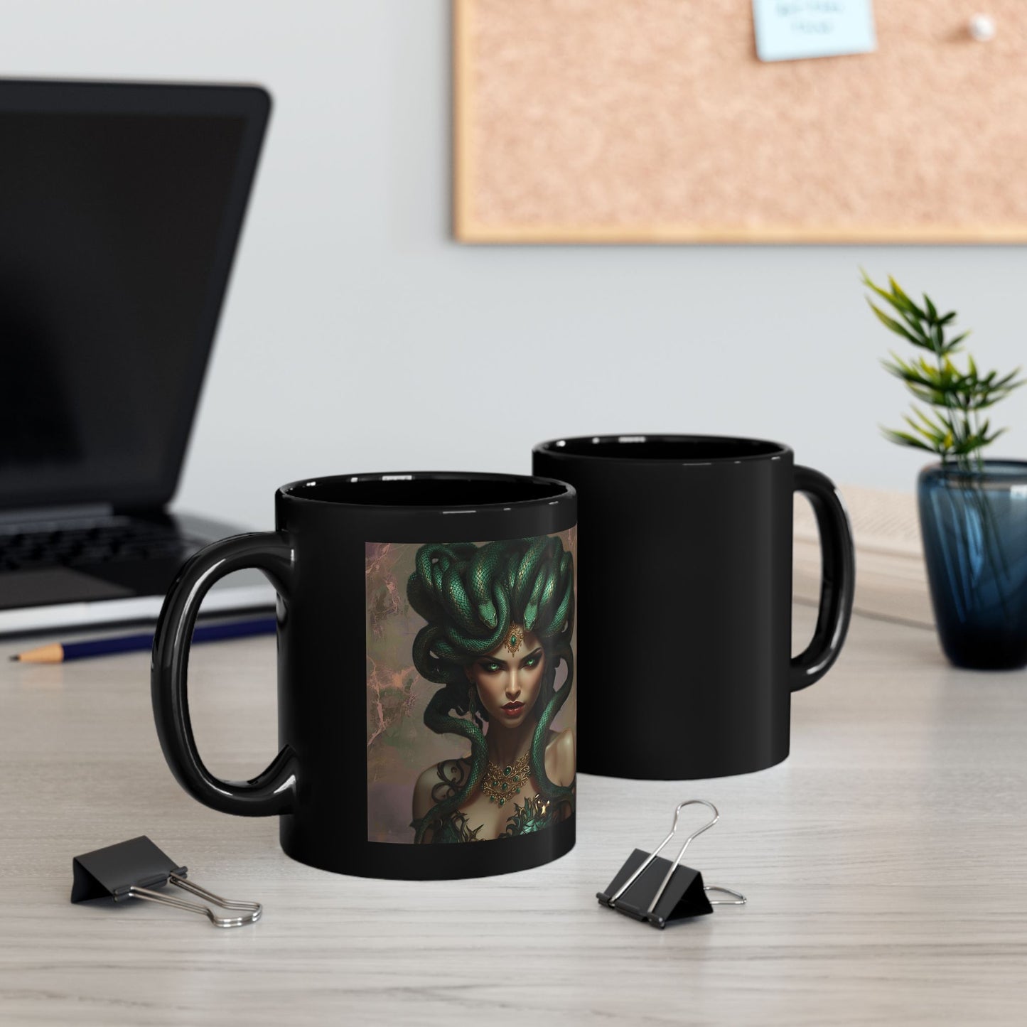 Medusa Mug with mythic serpent artwork - front and back view