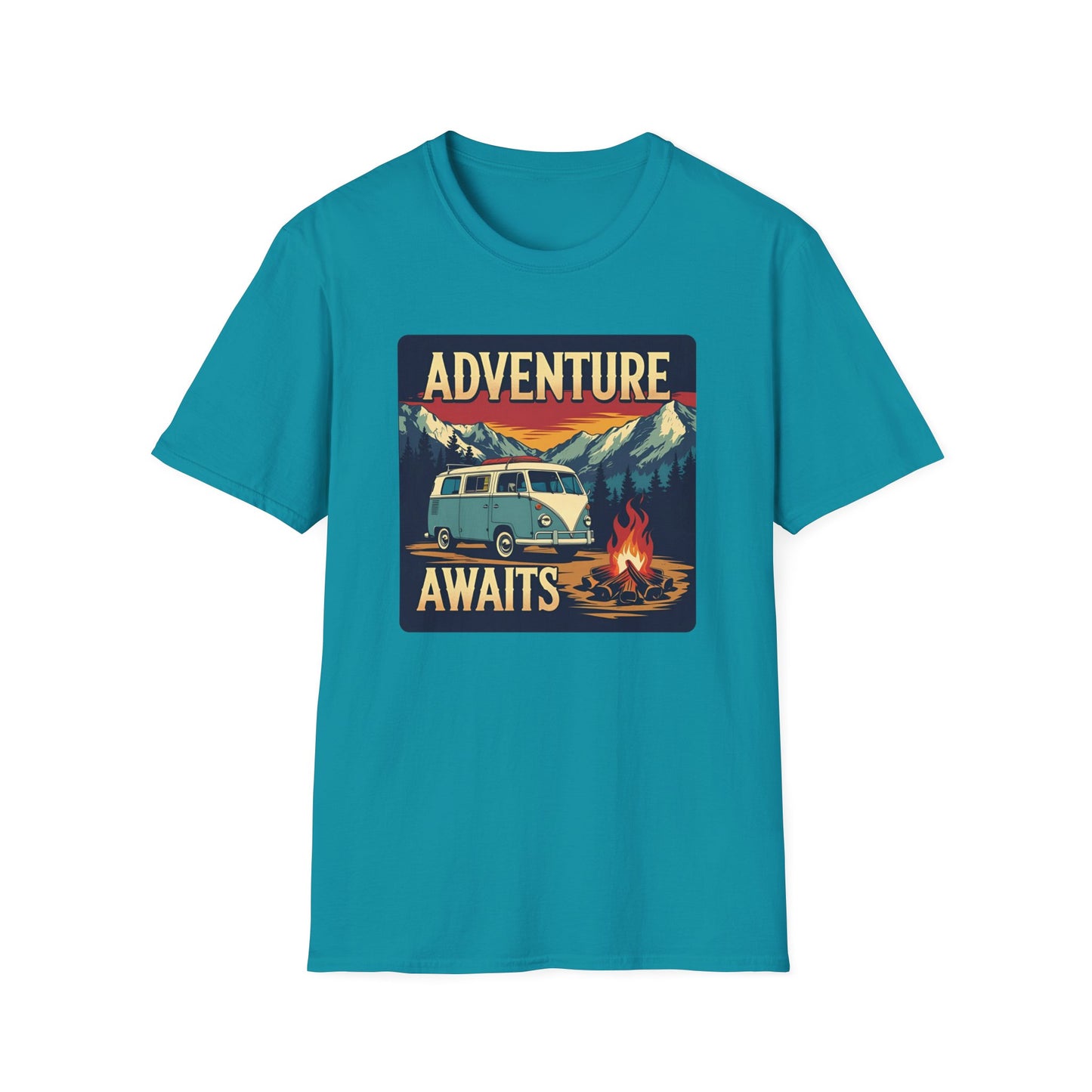 Adventure Awaits - Retro Camper Van Adventure T-Shirt in Tropical Blue