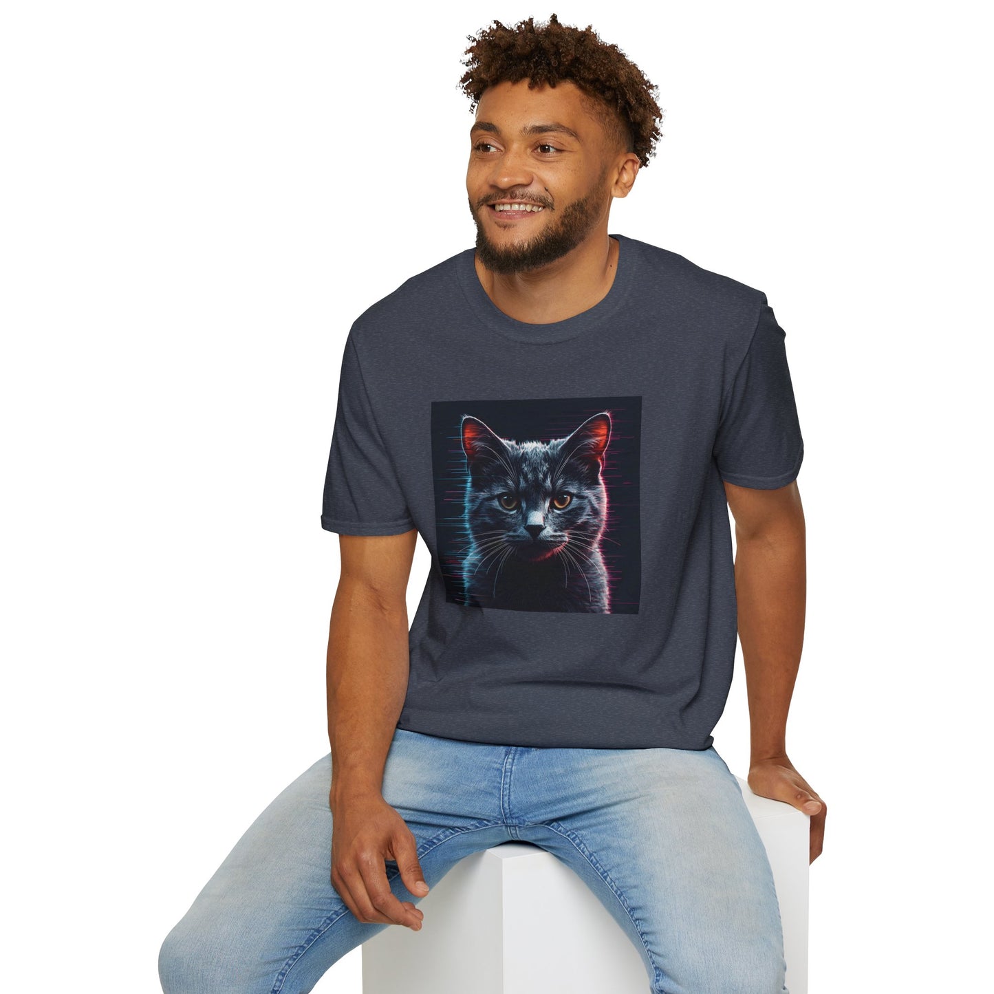 Pixellated Cat - Retro Meow Mode T-Shirt in Heather Navy