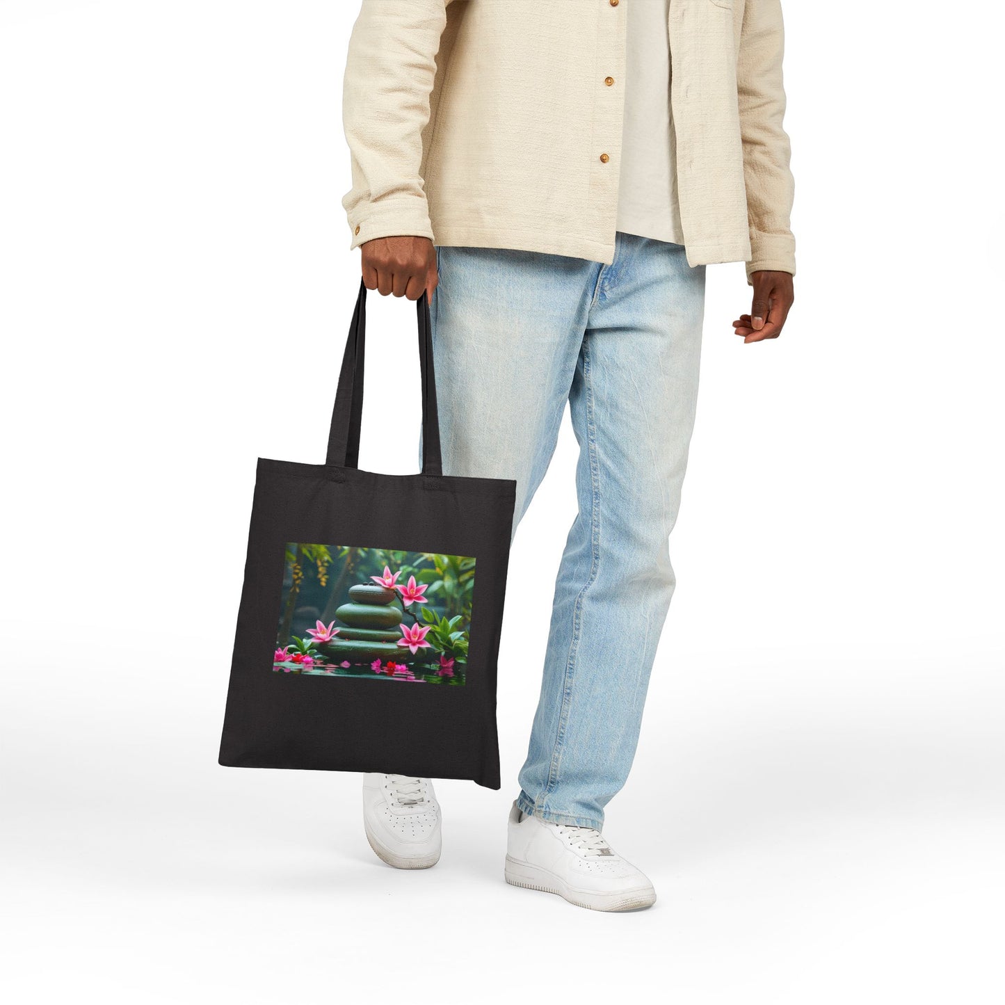 Serene Lotus Garden Cotton Canvas Tote Bag in Black