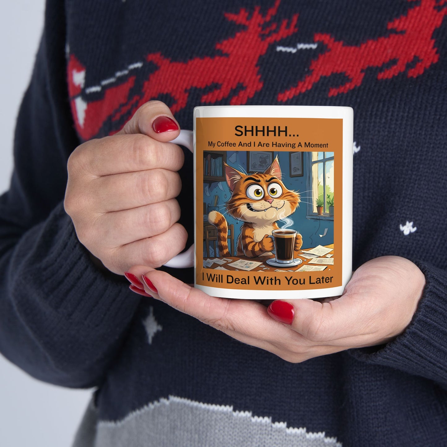 Shhh… My Coffee and I Are Having a Moment coffee cup - white mug with funny cute cat and funny text