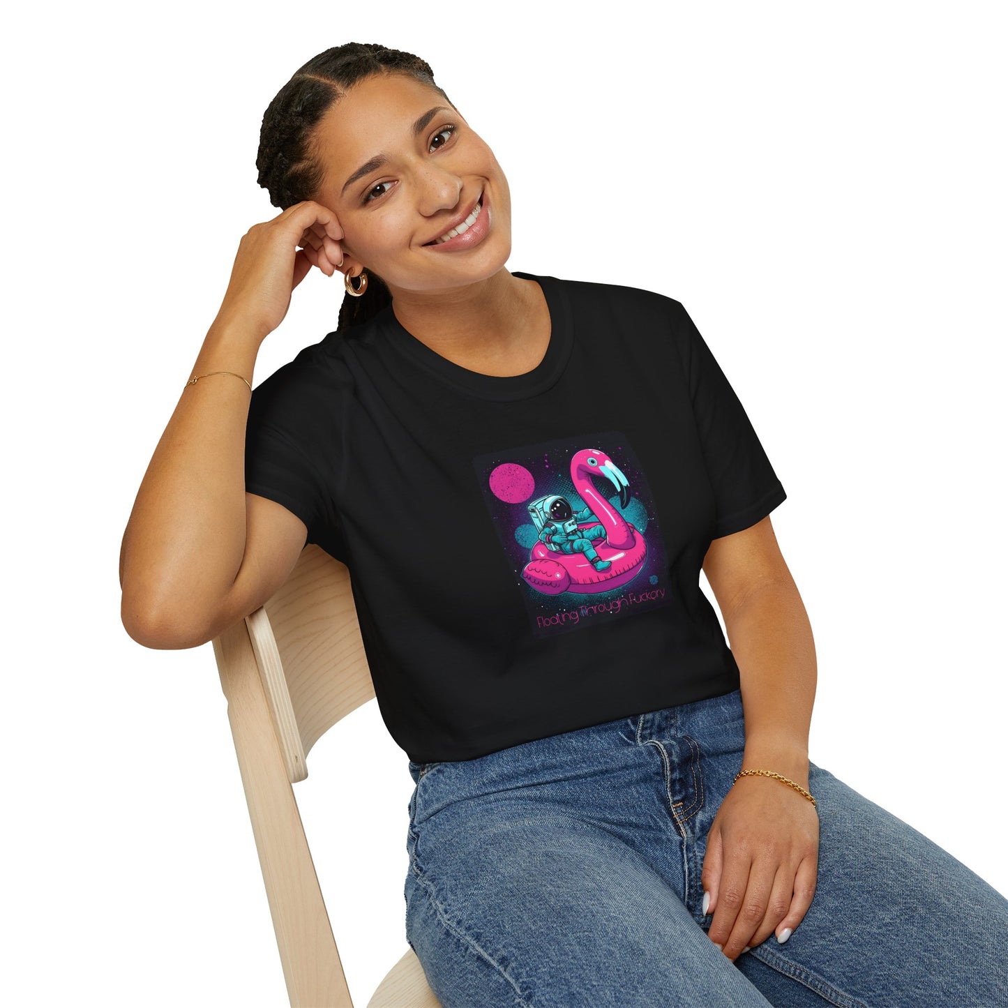 Floating Through Fckery T-Shirt – Surreal Astronaut Flamingo Space Tee