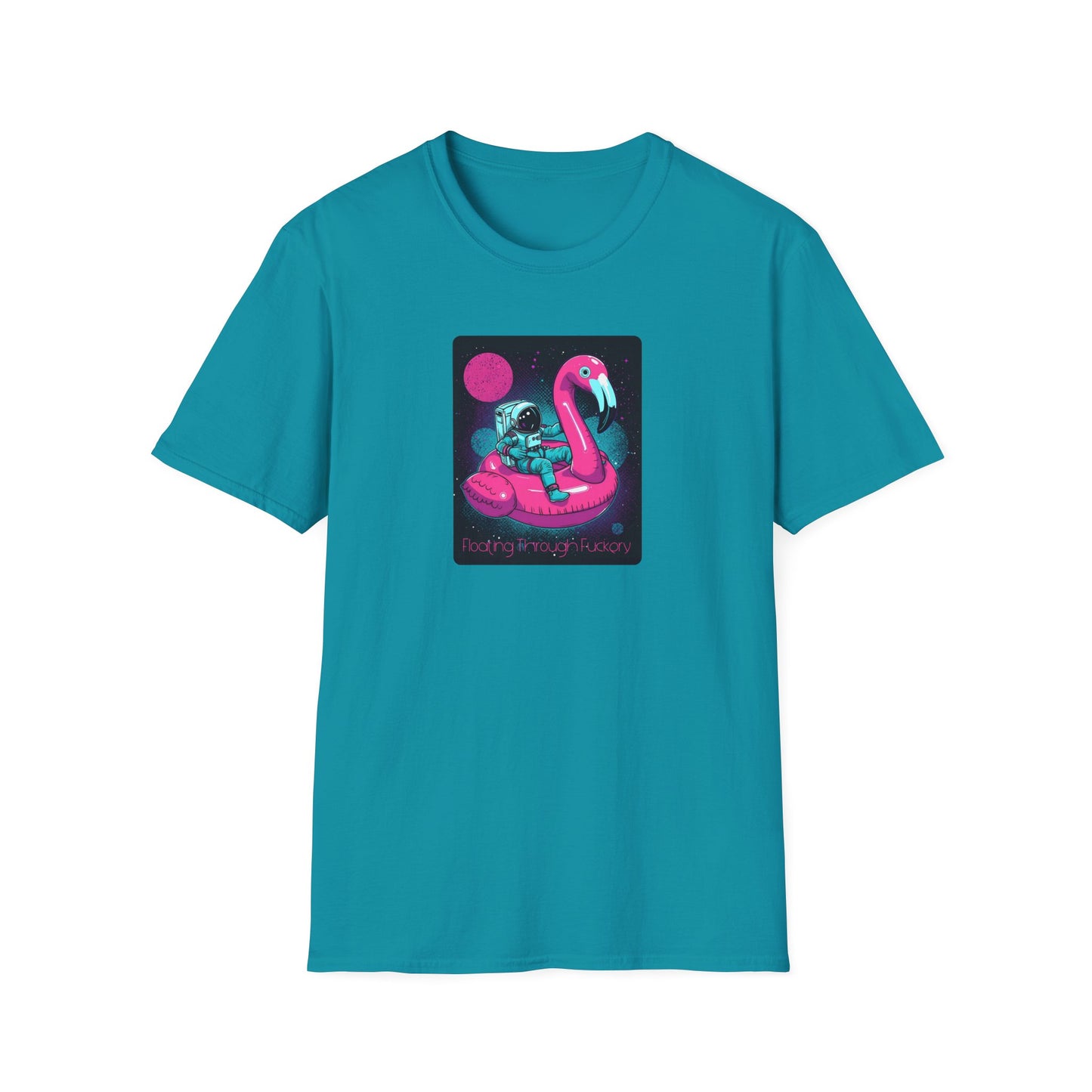 Floating Through Fckery T-Shirt – Surreal Astronaut Flamingo Space Tee