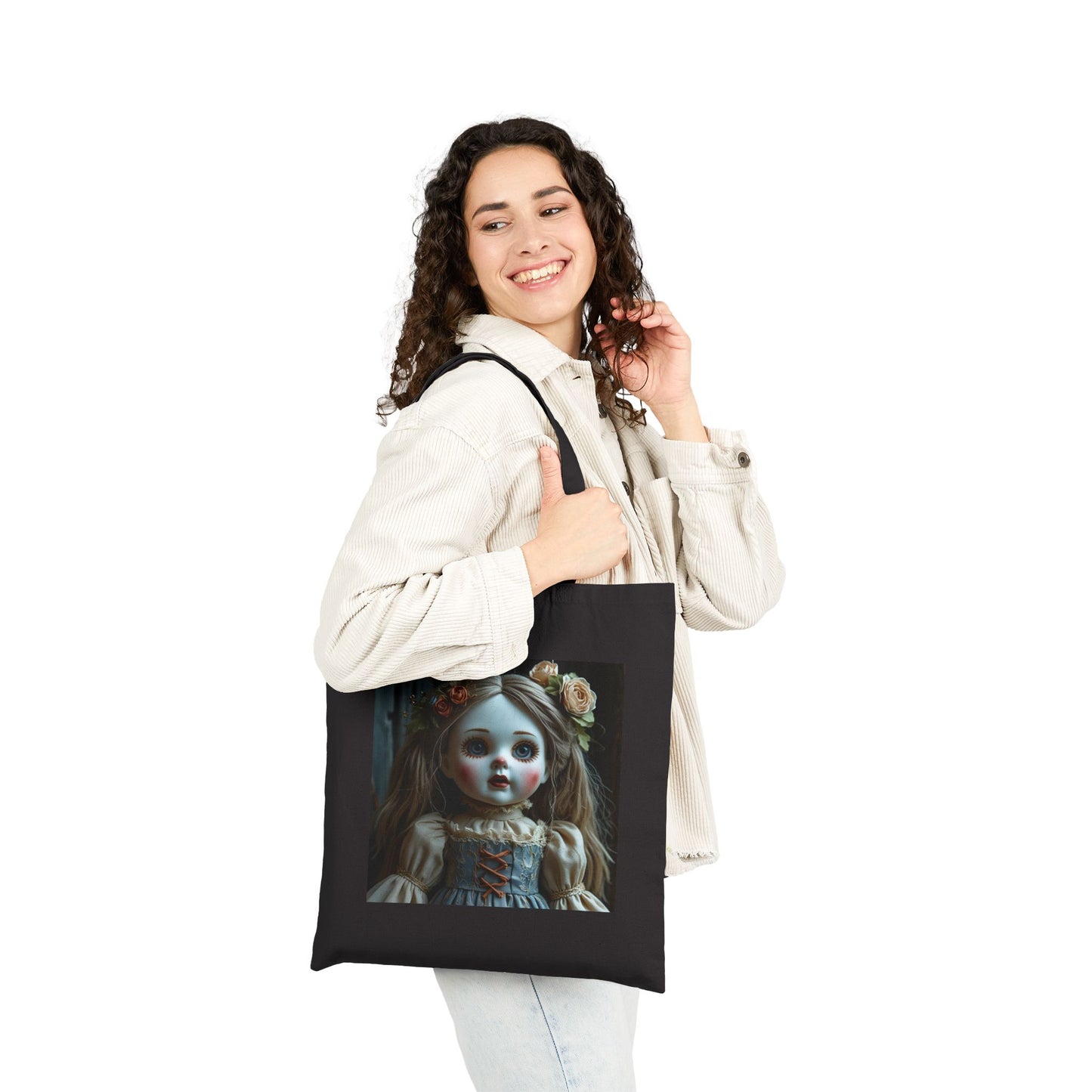 Ruby - Spooky Doll Canvas Tote Bag in Black