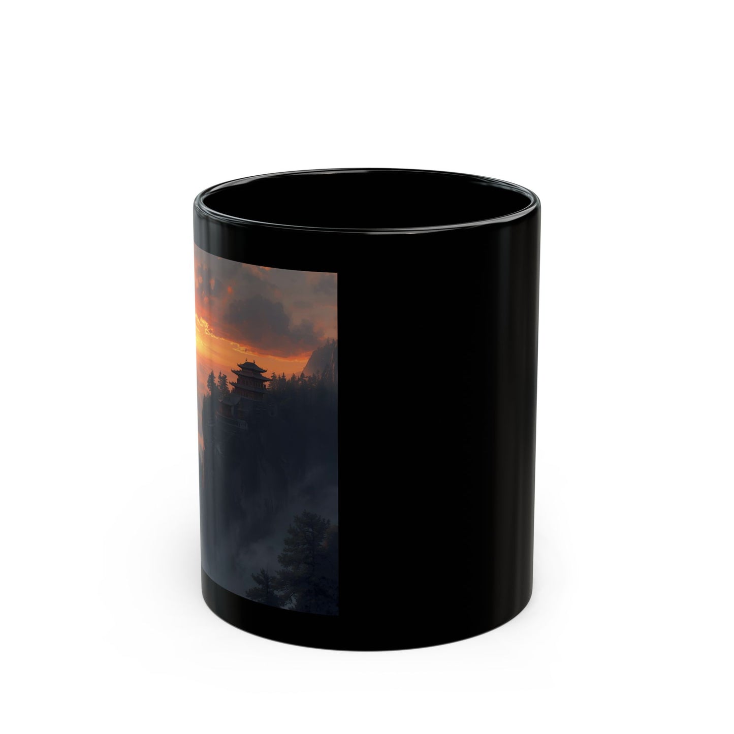 Temple Above the Clouds Mug - Side View - Black mug with a scenic print of temple and sunset