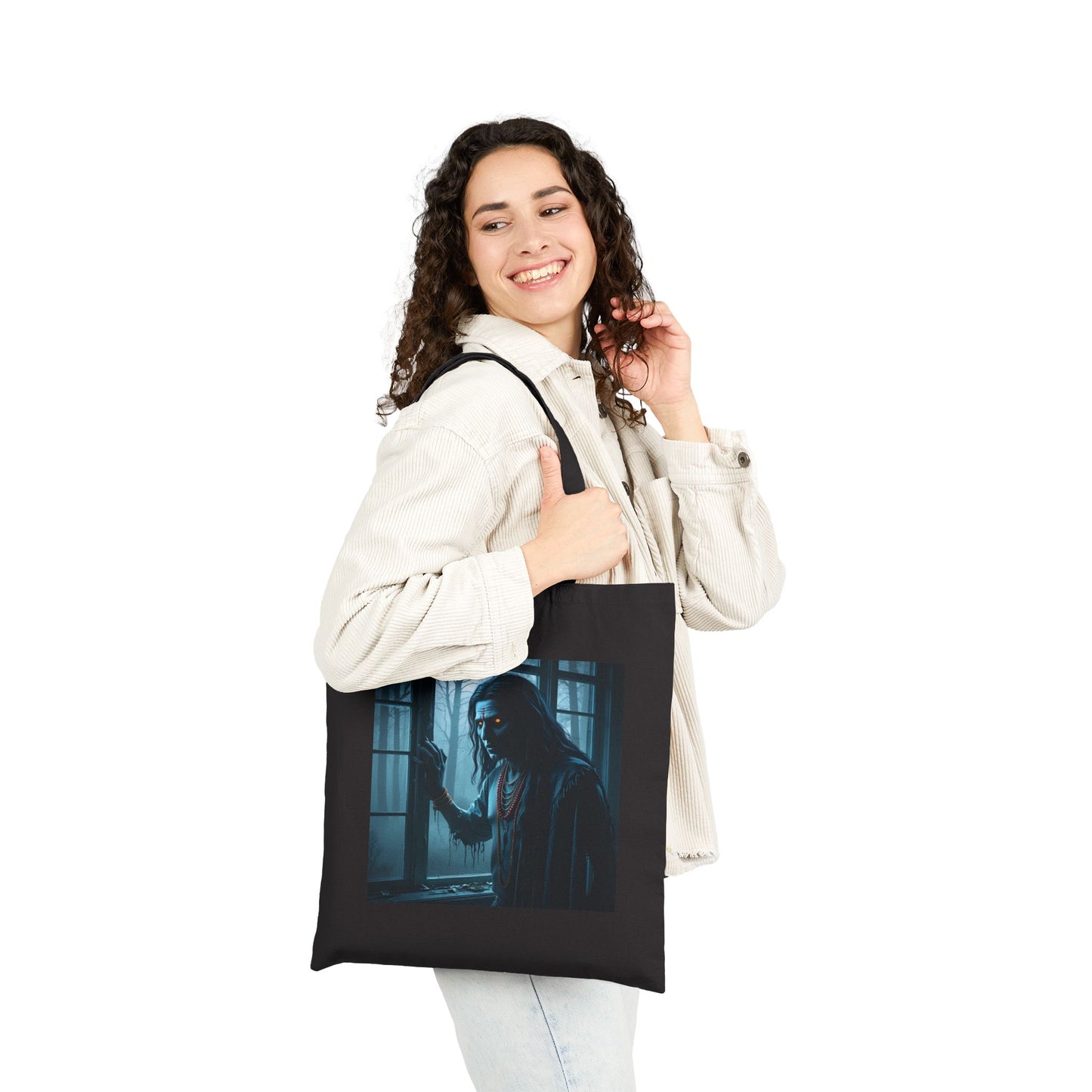 Spooky Ghost Art Cotton Canvas Tote Bag in Black