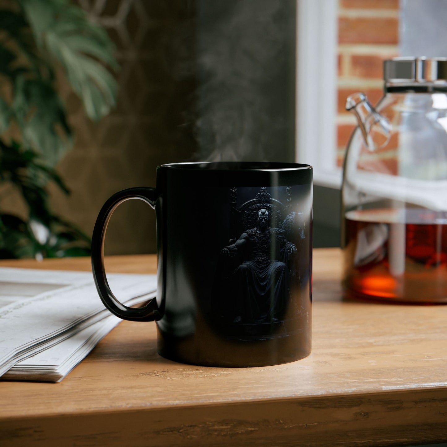 Hades - Silent Powerful Eternal Mug -Black mug with Hades image on a wooden table.