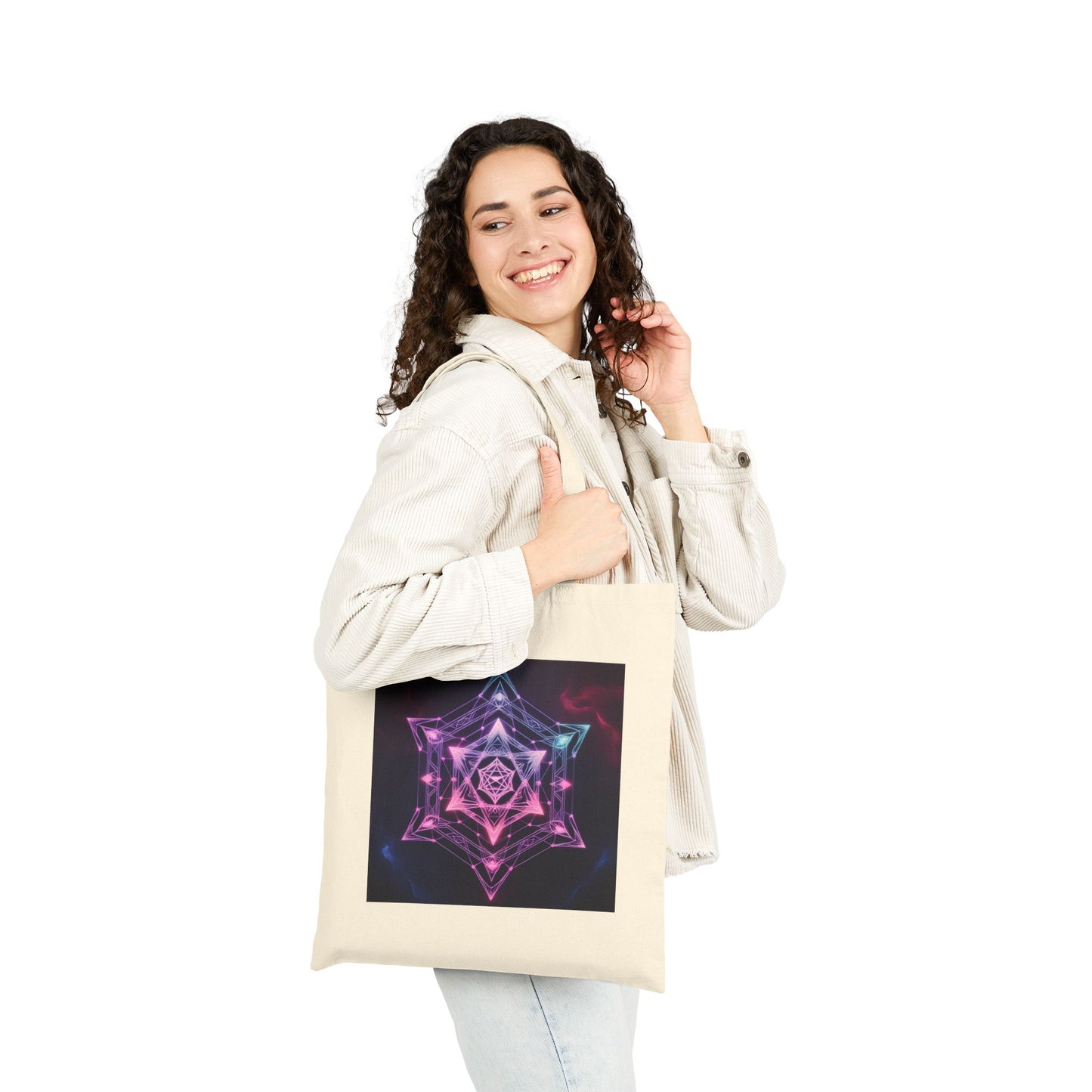 Neon Mandala Art Cotton Canvas Tote Bag in Neutral