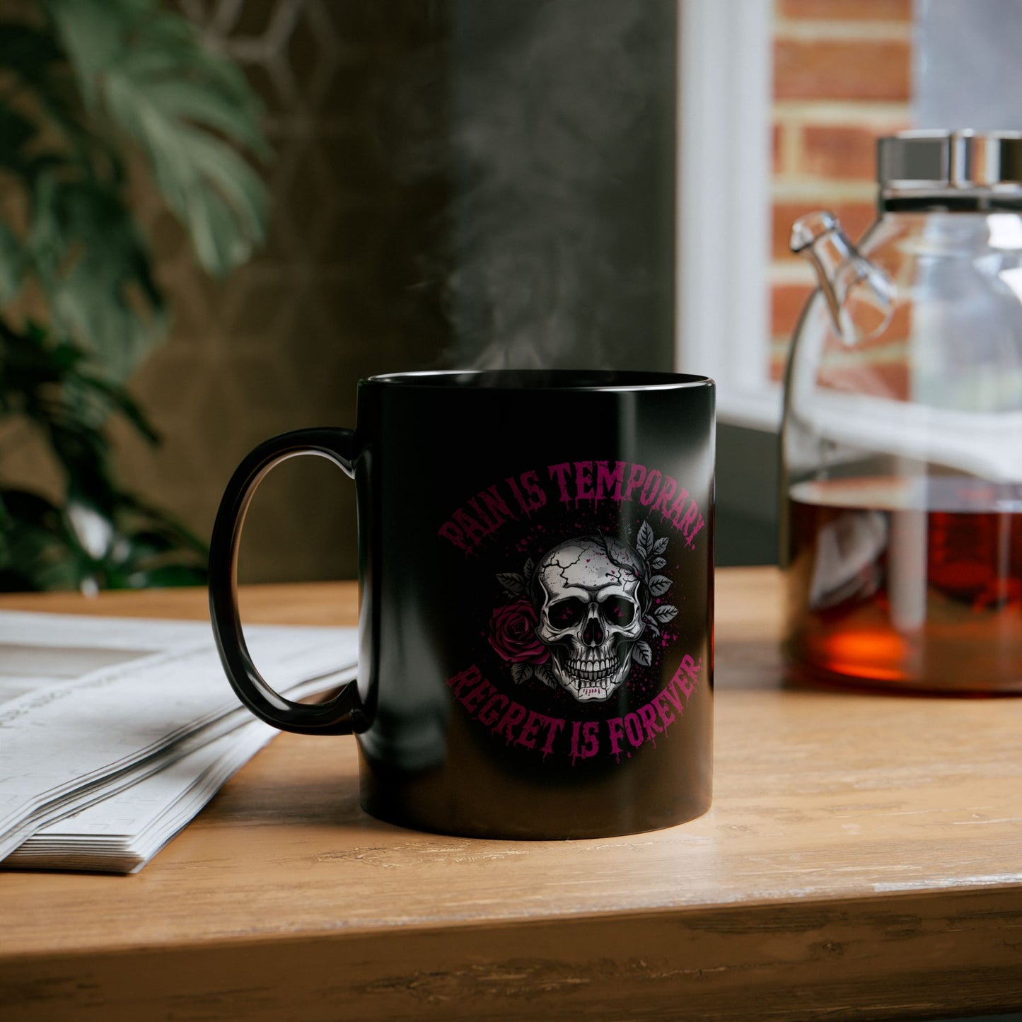 Pain Is Temporary, Regret Is Forever – Dark Grunge Coffee Mug - black mug with motivational text
