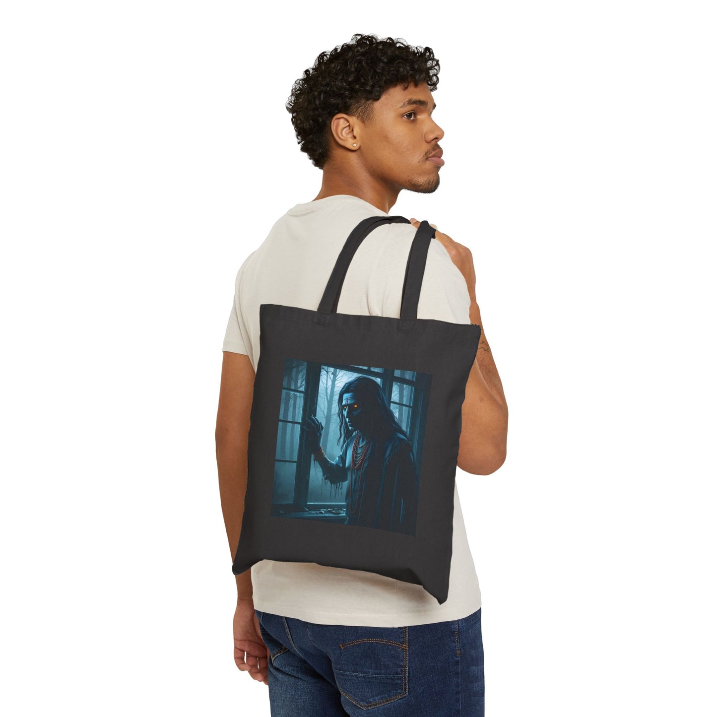 Spooky Ghost Art Cotton Canvas Tote Bag in Black