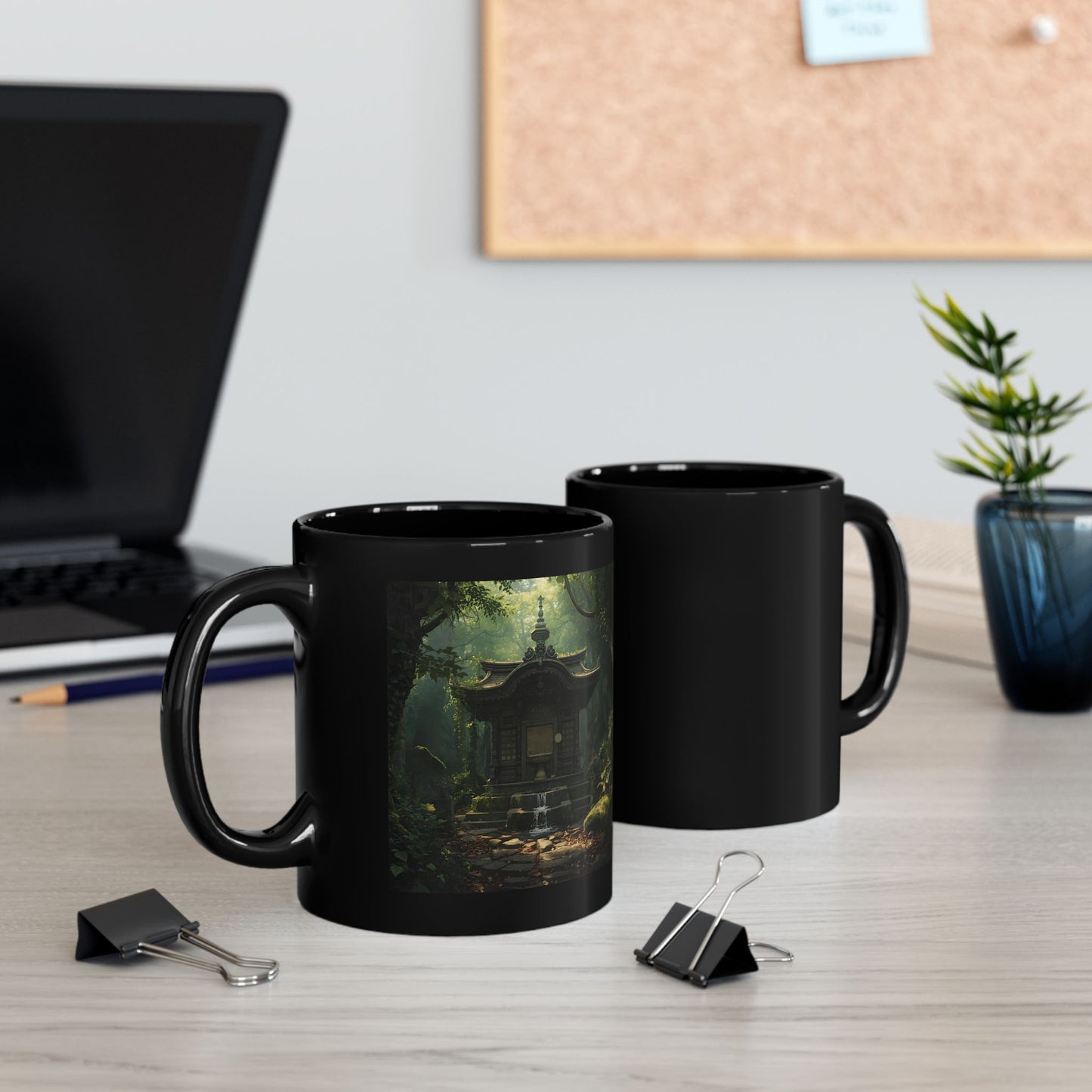 Whispering Woodland Shrine Mug - 2 mugs showing Front and Back View - Black mug with a scenic design