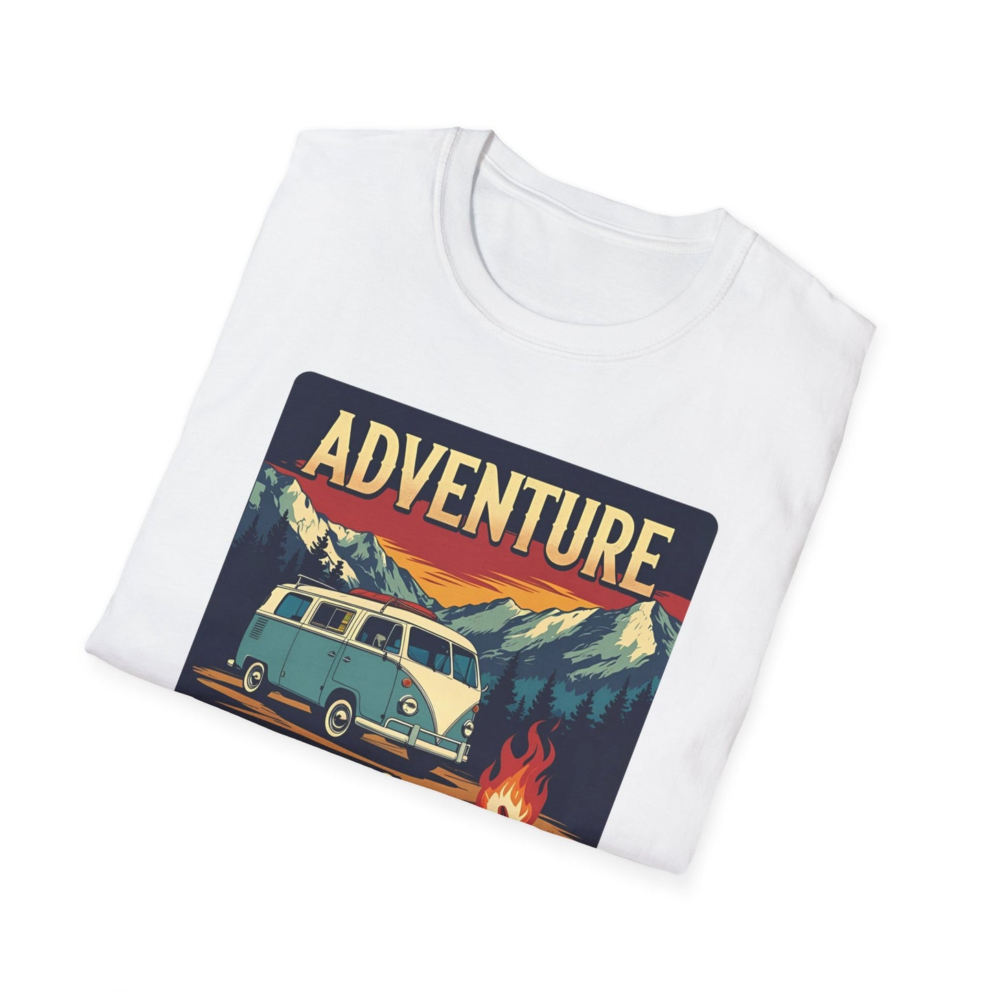 Adventure Awaits - Retro Camper Van Adventure T-Shirt in White - Folded