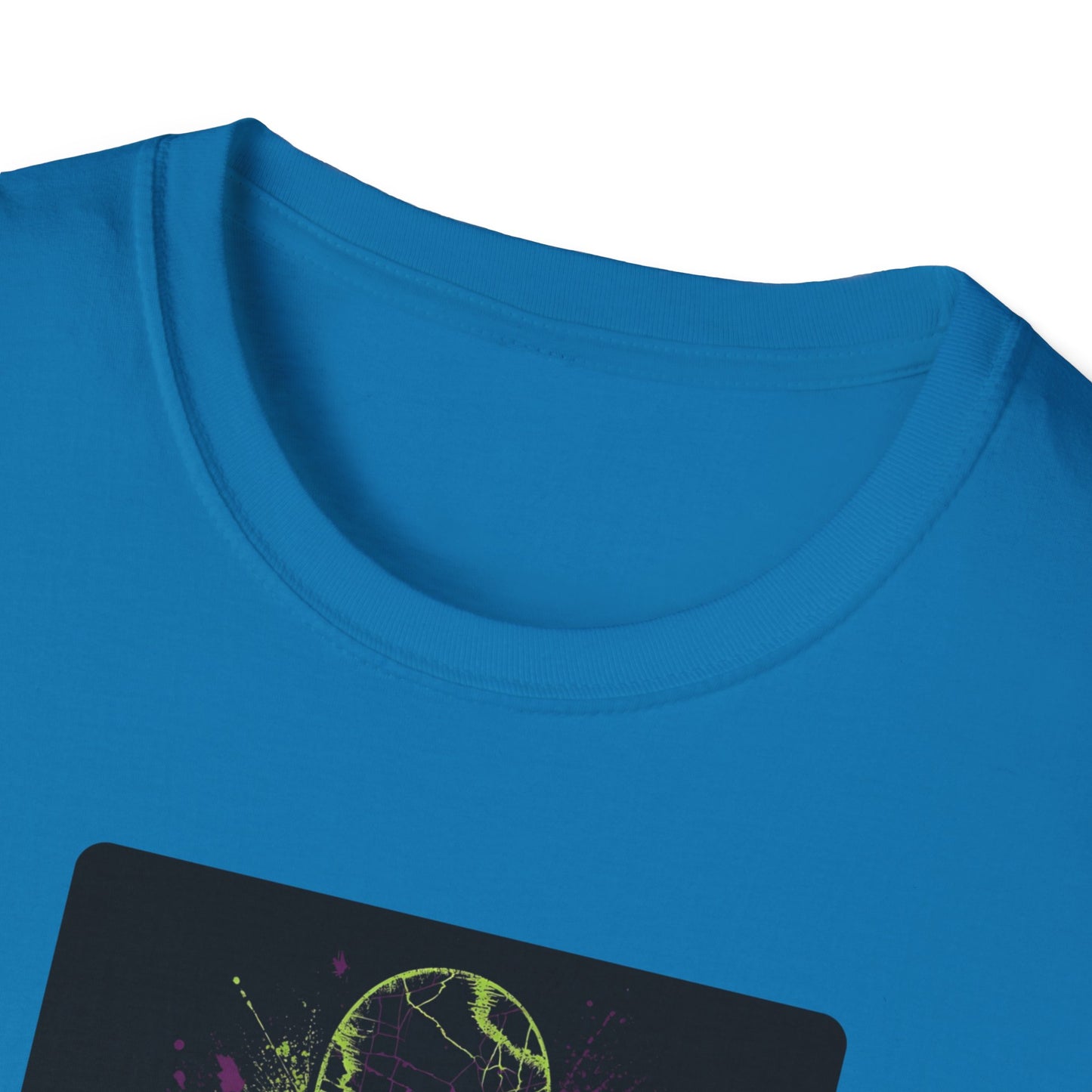Neon Skull Skateboard – Electric Street Rebel T-Shirt in Sapphire - Neckline