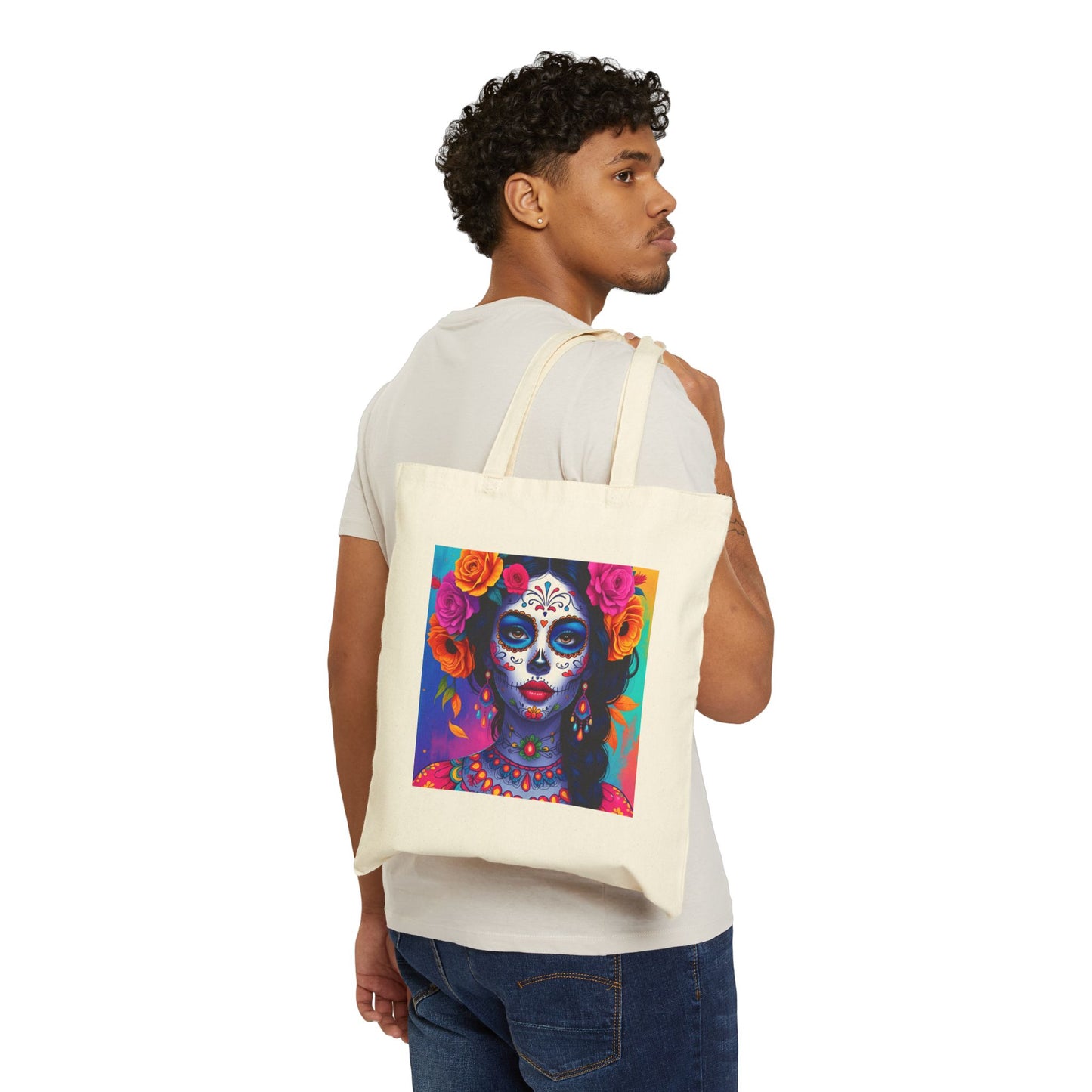 Blush Inferno – Pink Sugar Skull Goddess Tote Bag in Natural