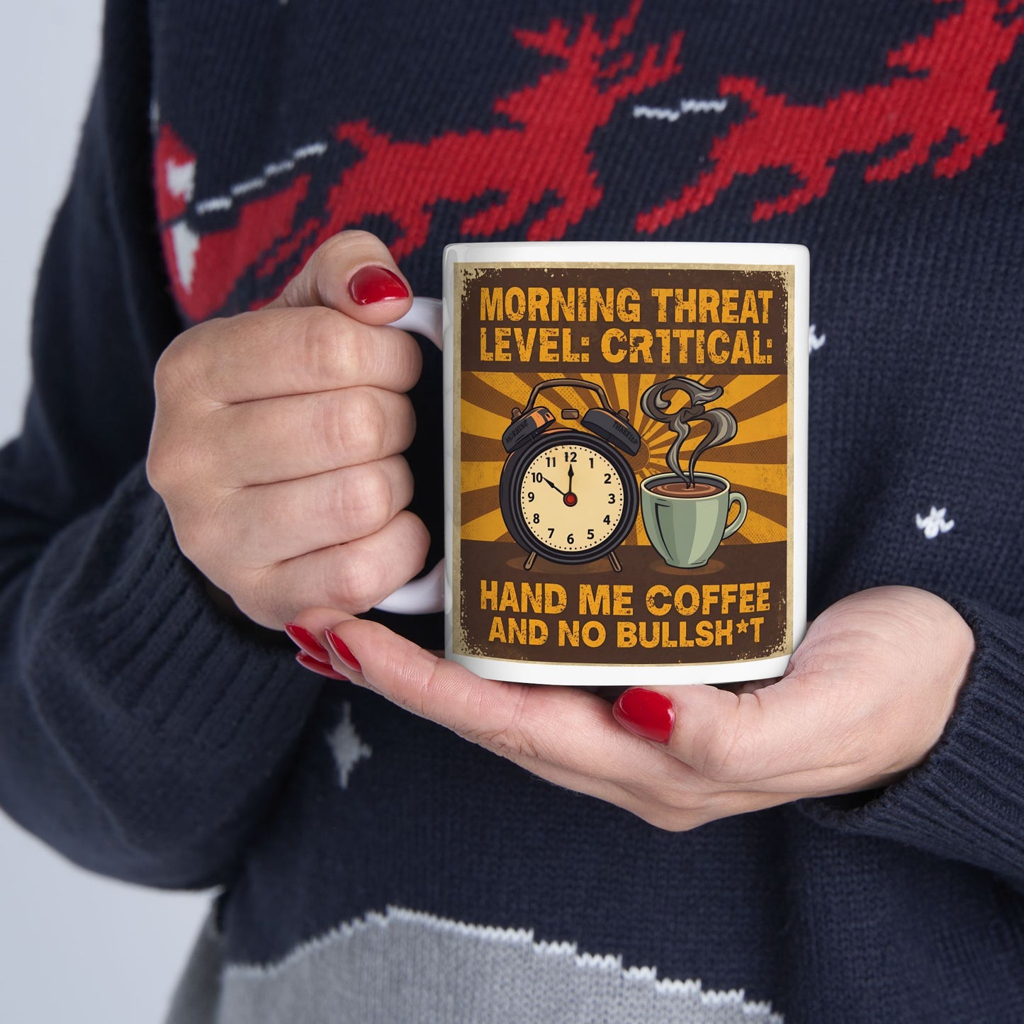 Morning Threat Level Critical - Funny Coffee Mug - white mug with funny image