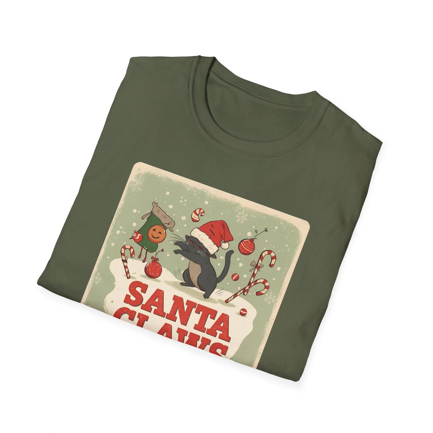 Santa Claws Festive T-Shirt in Military Green -Folded