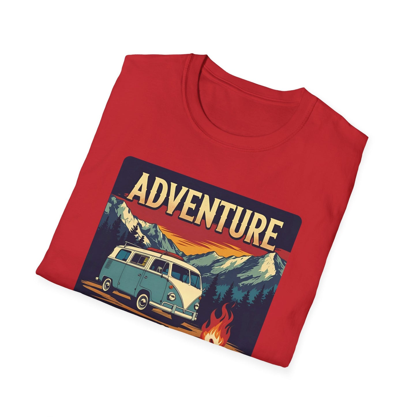 Adventure Awaits - Retro Camper Van Adventure T-Shirt in Red -Folded