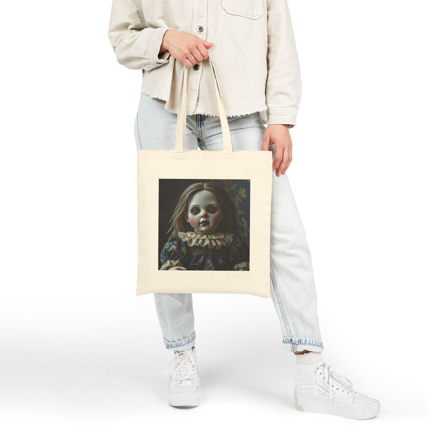 Lizzie - Spooky Vintage Doll Canvas Tote Bag in Neutral