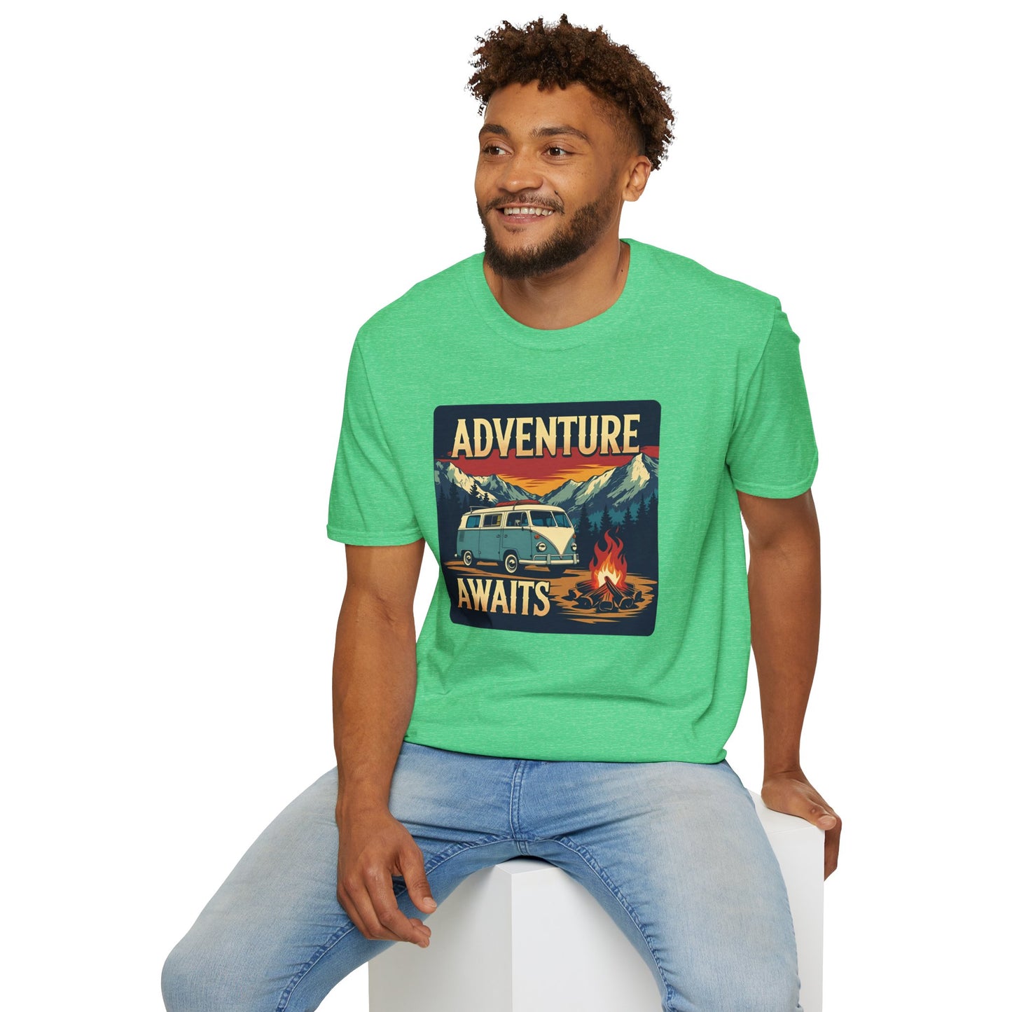 Adventure Awaits - Retro Camper Van Adventure T-Shirt in Heather Irish Green