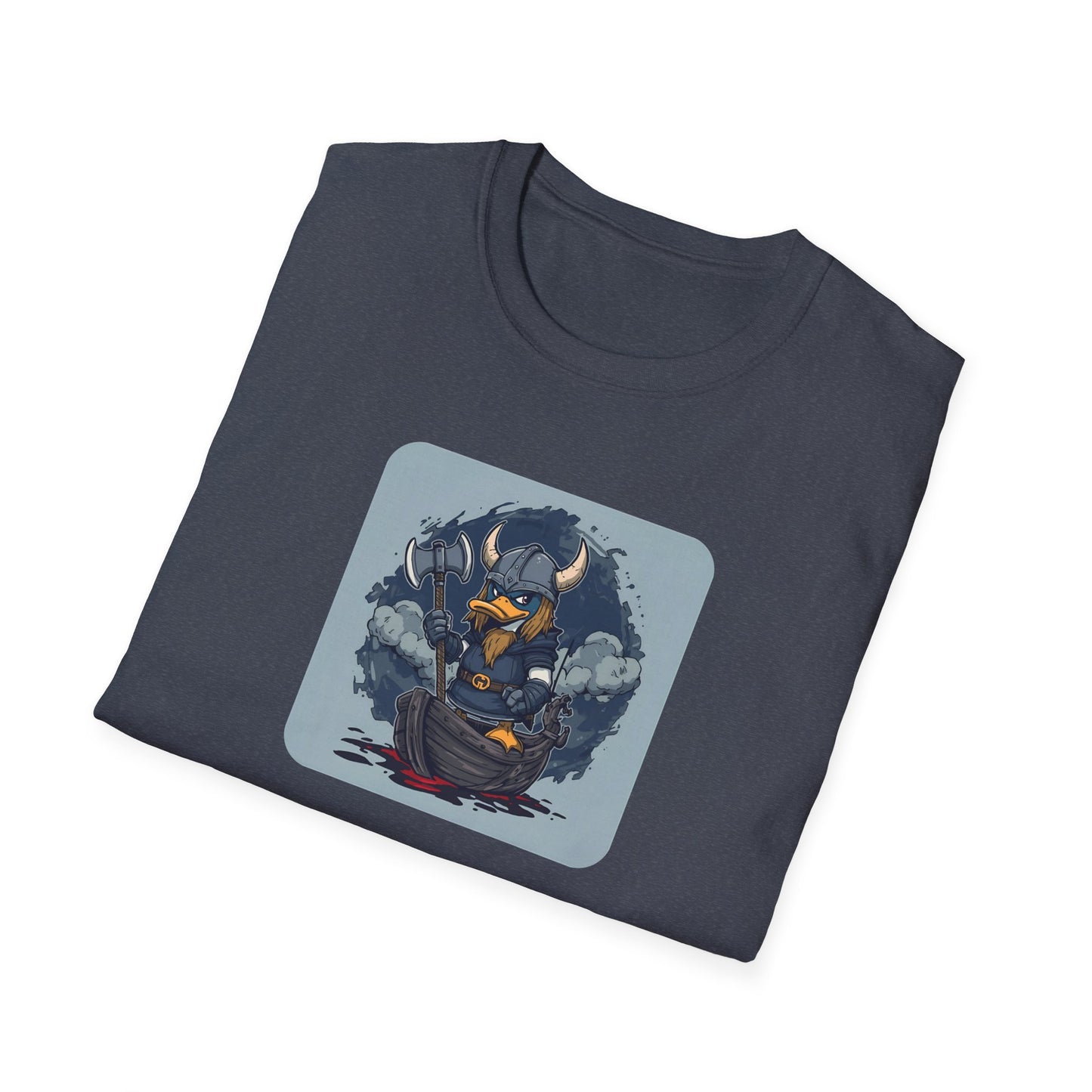 Goth Viking Duck – Dark Cartoon Chaos T-Shirt in Heather Navy - Folded