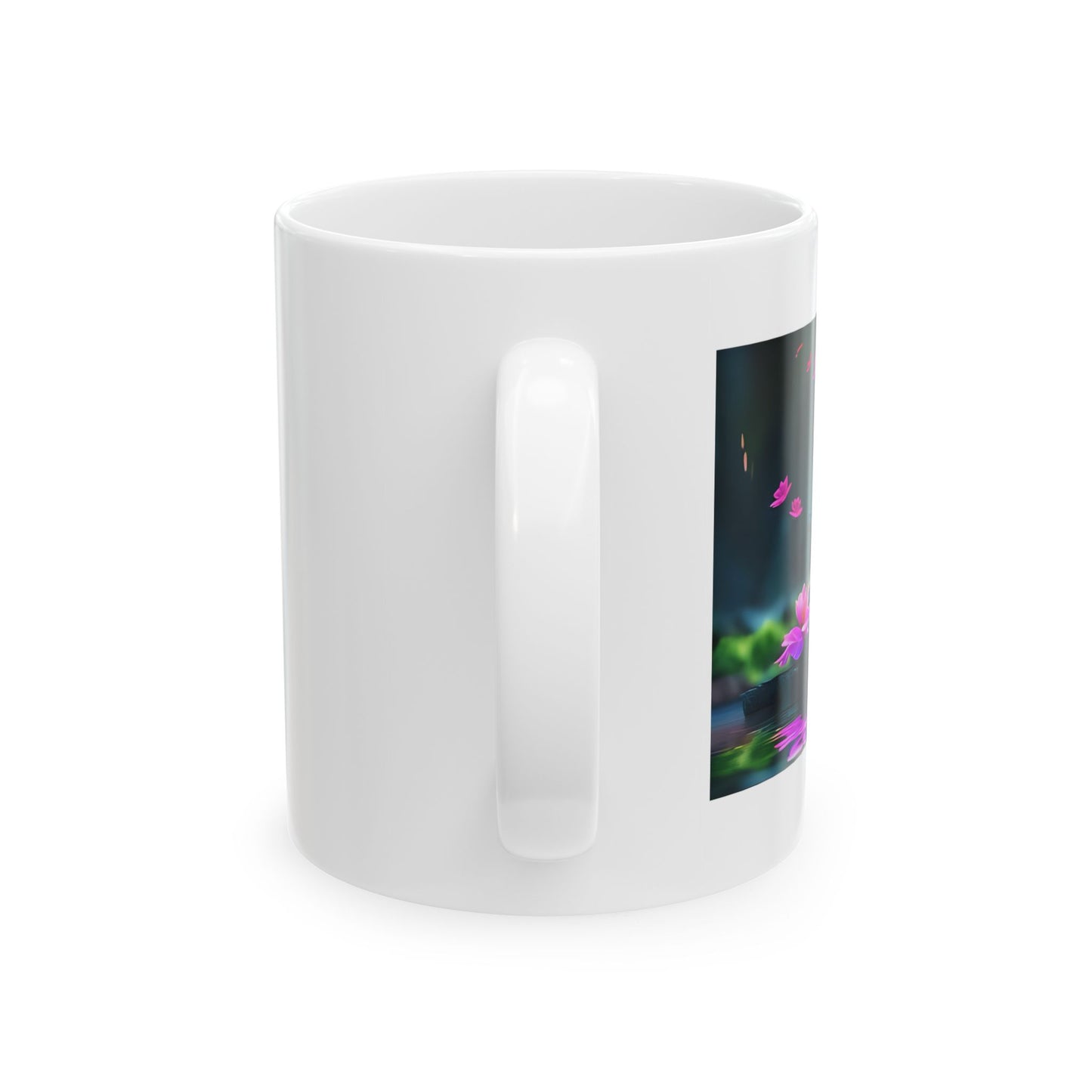 Lotus Temple Reflections Mug - Side View - White mug with a serene design