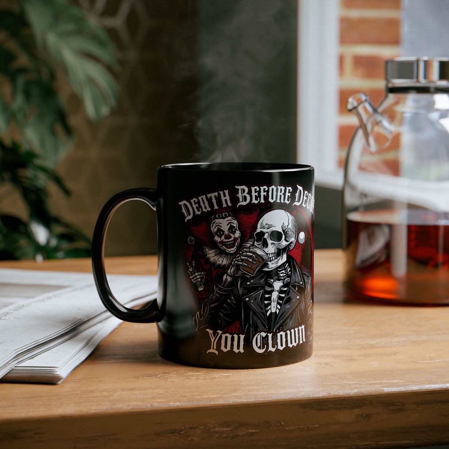 Death Before Decaf, You Clown – Dark Humor Mug - black mug with image and funny text