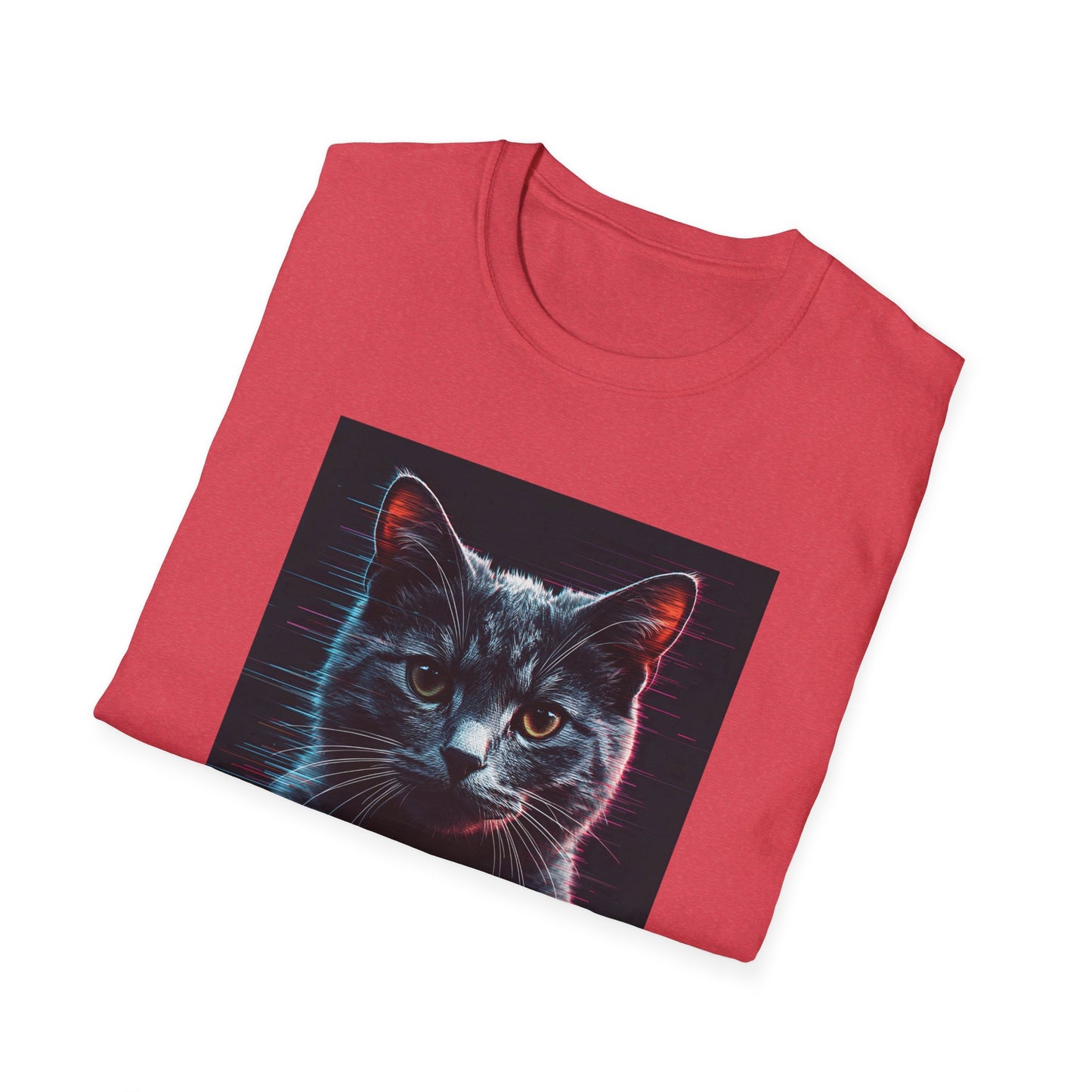 Pixellated Cat - Retro Meow Mode T-Shirt in Heather Red - Folded