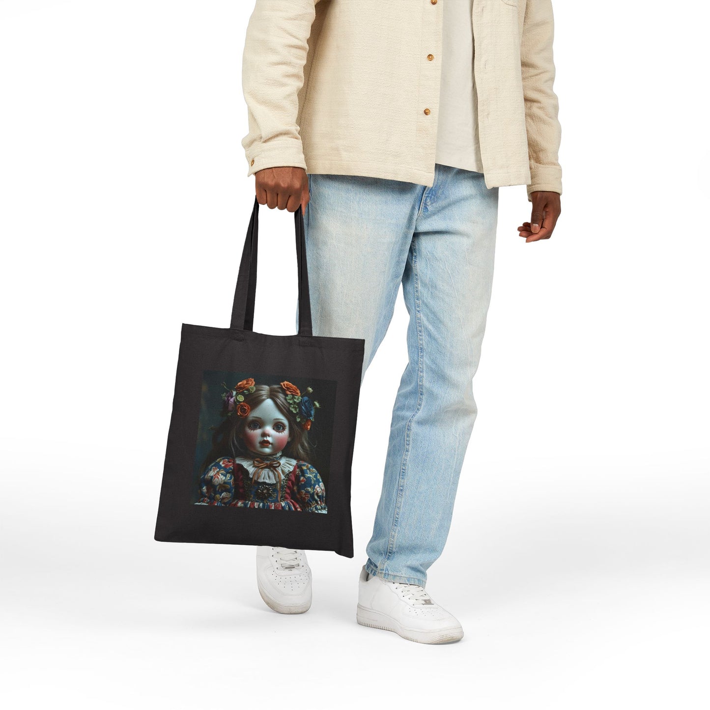 Victoria - Vintage Spooky Doll Canvas Tote in Black