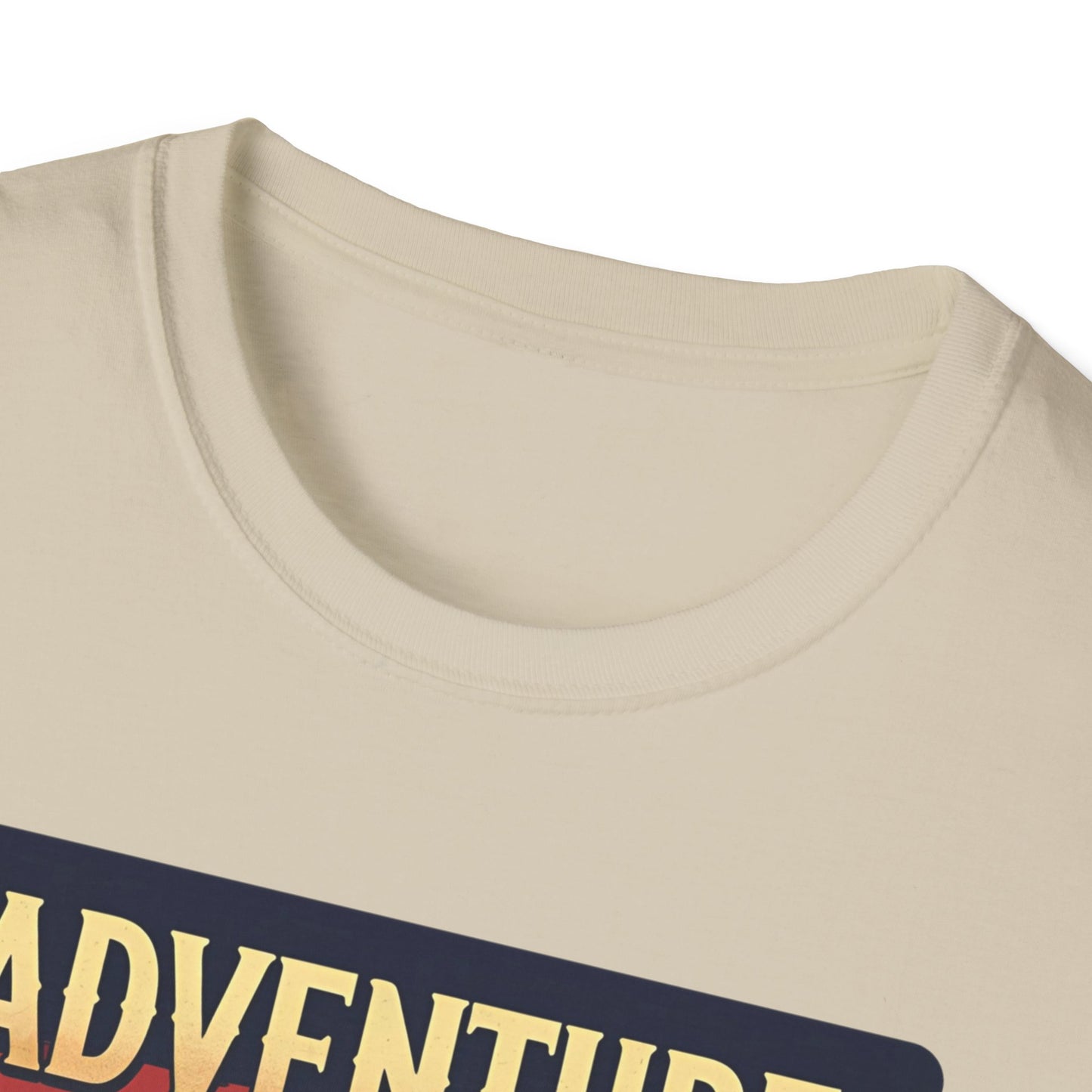 Adventure Awaits - Retro Camper Van Adventure T-Shirt in Sand - Neckline