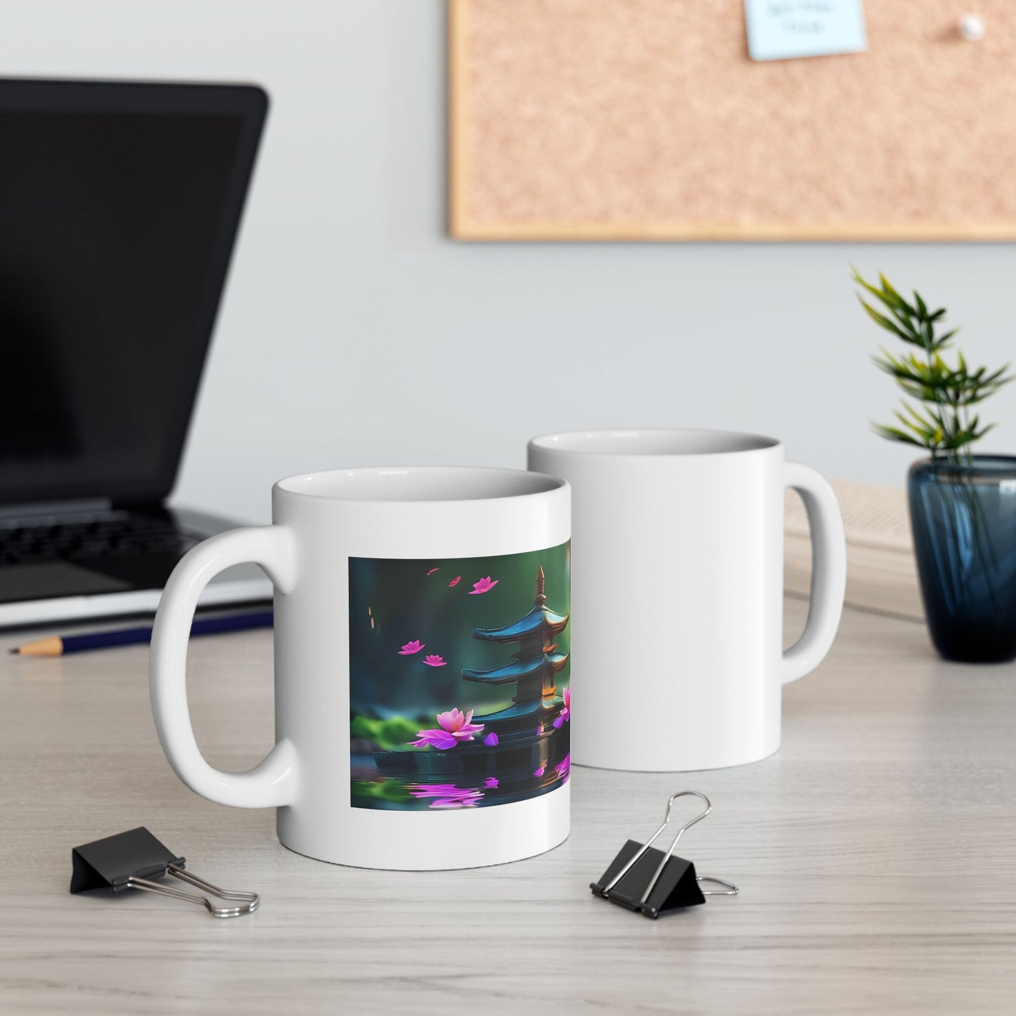 Lotus Temple Reflections Mug - Two mugs with front and back view - White mug with a serene design