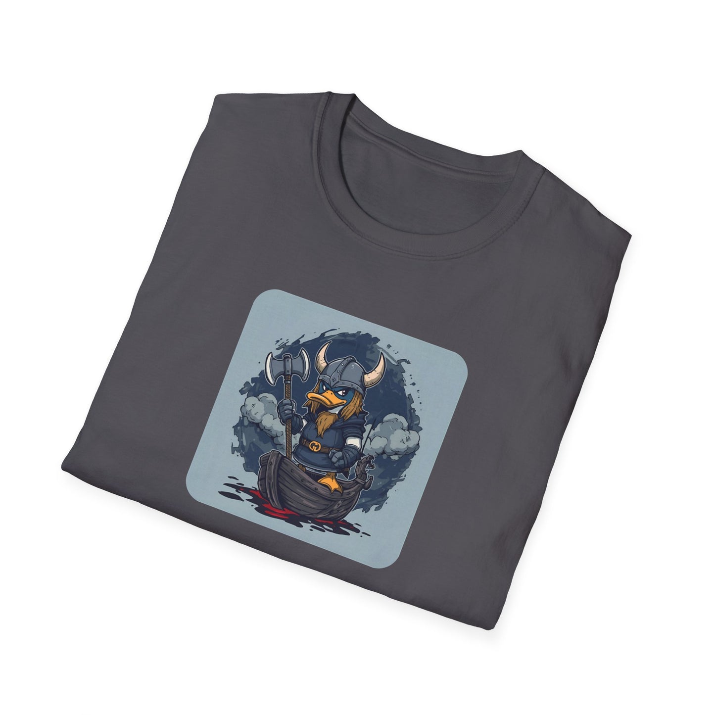 Goth Viking Duck – Dark Cartoon Chaos T-Shirt in Charcoal - Folded