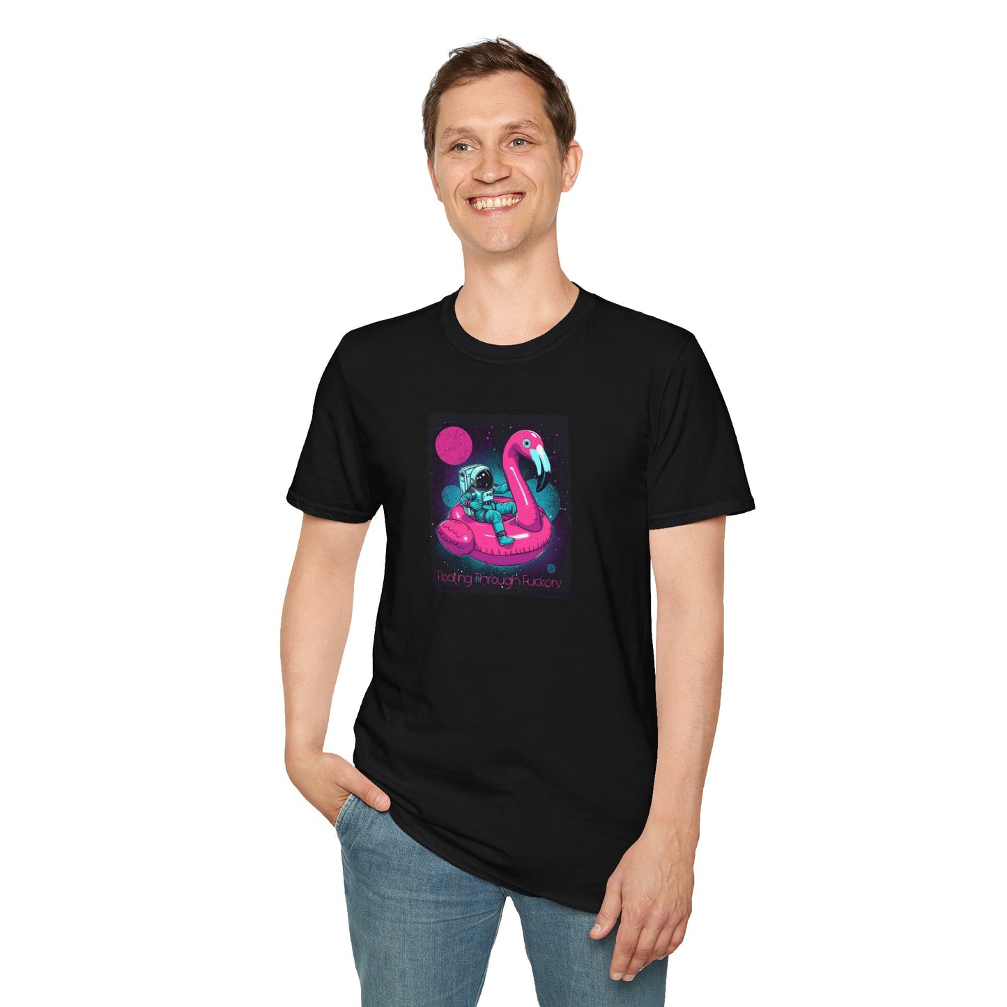 Floating Through Fckery T-Shirt – Surreal Astronaut Flamingo Space Tee