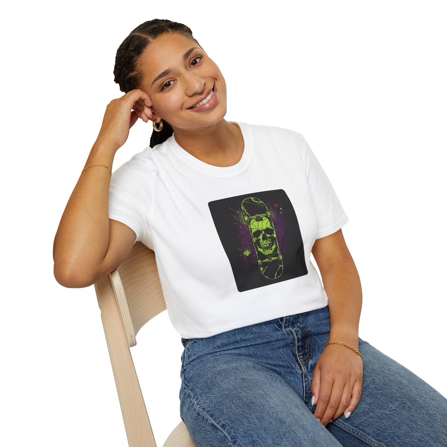 Neon Skull Skateboard – Electric Street Rebel T-Shirt in White