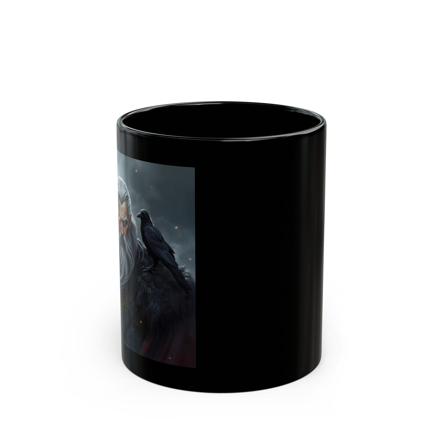 Odin - The Allfather Mug - side view - black mug with Odin image and two crows