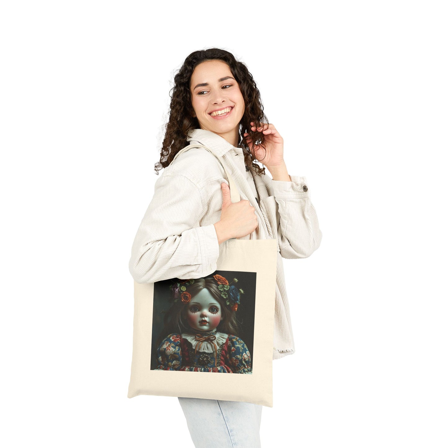 Victoria - Vintage Spooky Doll Canvas Tote in Natural