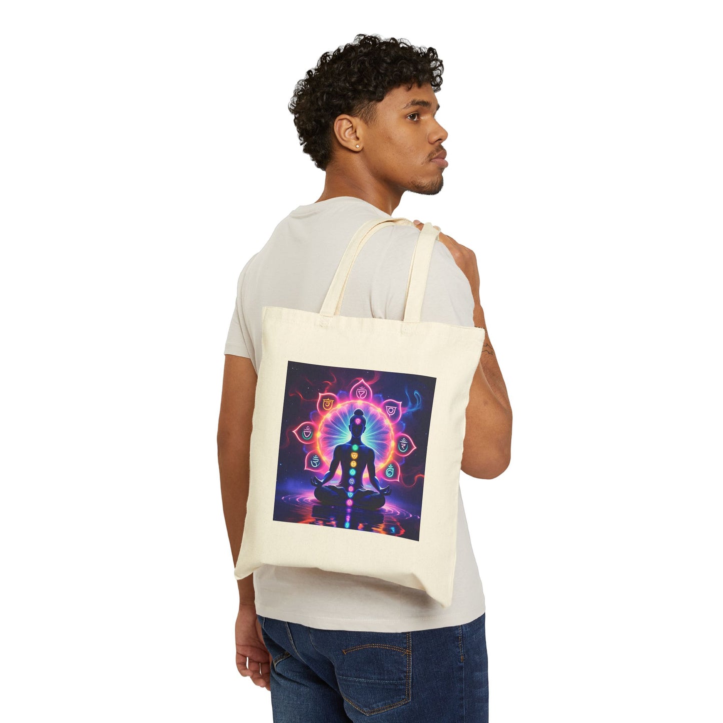 Spiritual Chakra Cotton Canvas Tote Bag in Natural