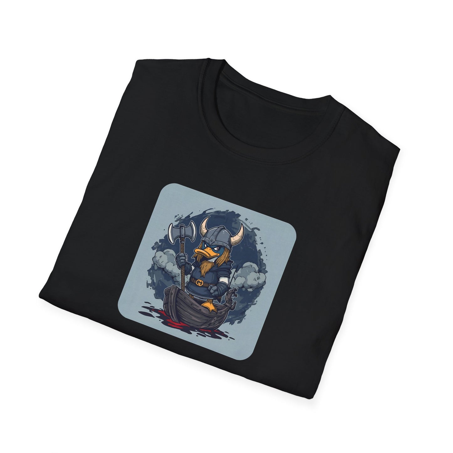 Goth Viking Duck – Dark Cartoon Chaos T-Shirt in Black - Folded