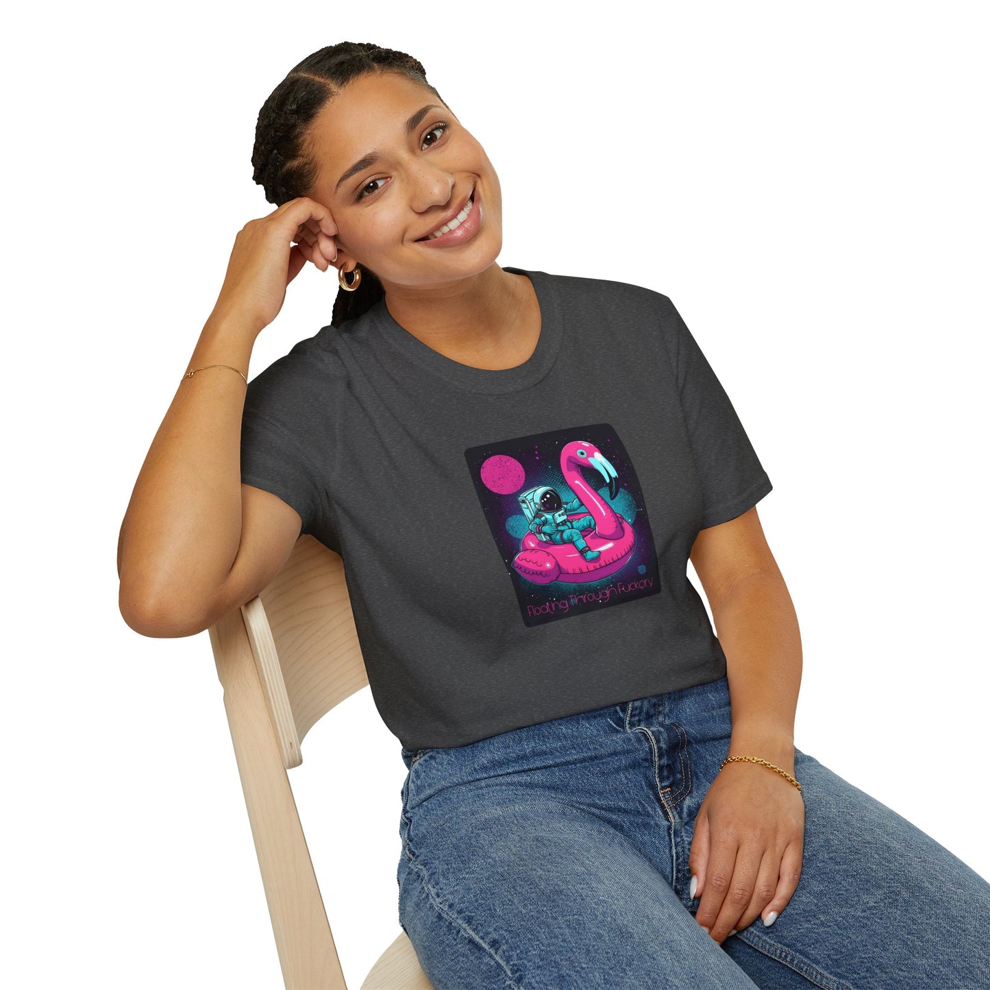 Floating Through Fckery T-Shirt – Surreal Astronaut Flamingo Space Tee