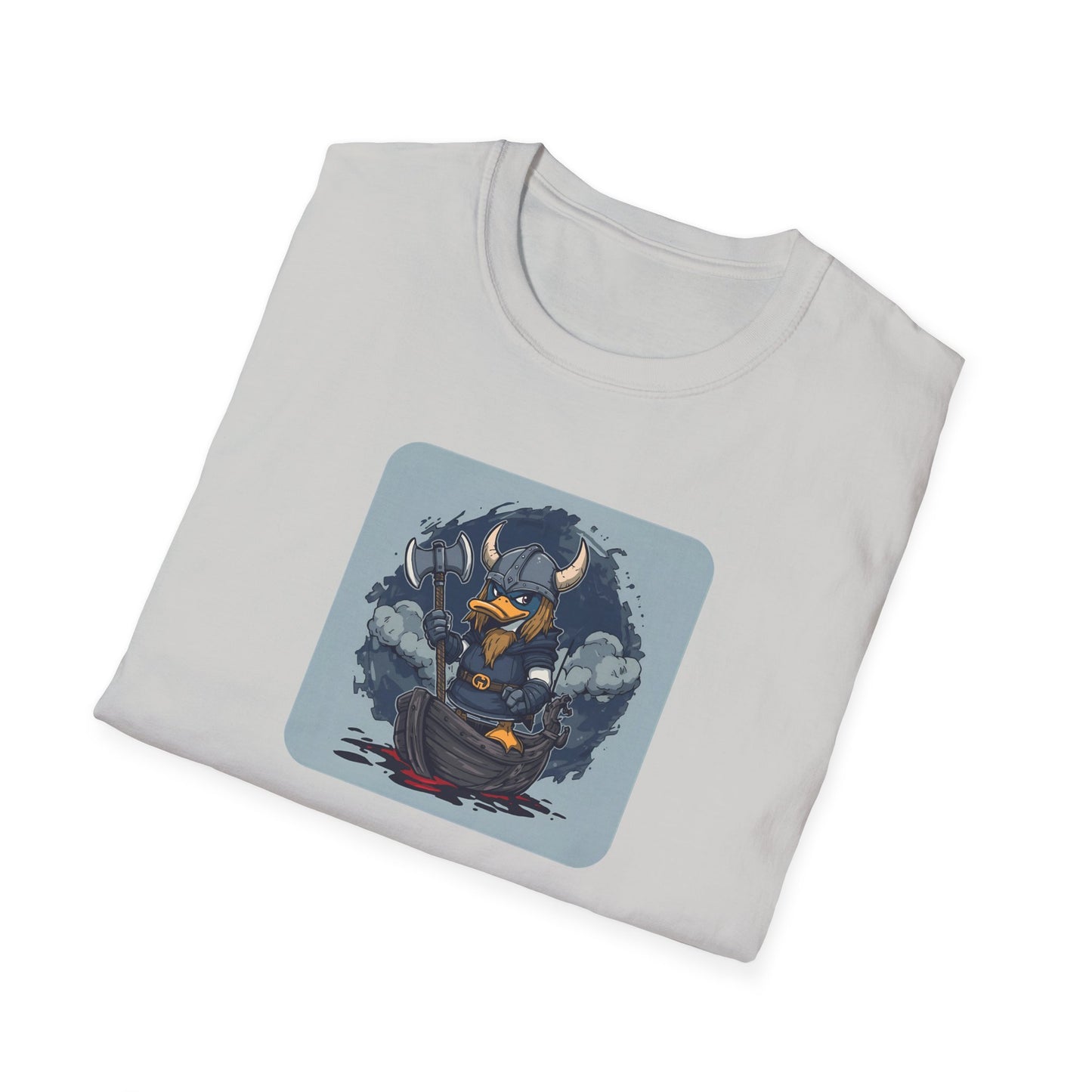Goth Viking Duck – Dark Cartoon Chaos T-Shirt in Ice Grey -Folded