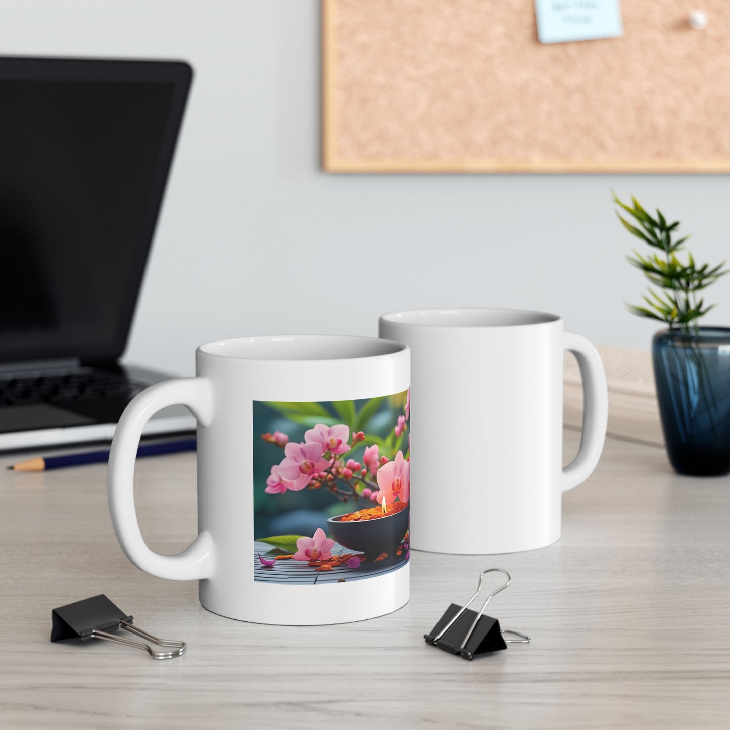 Candle Blossom Serenity – Zen Candle Mug - two mugs with front and back view - white mug with serene image