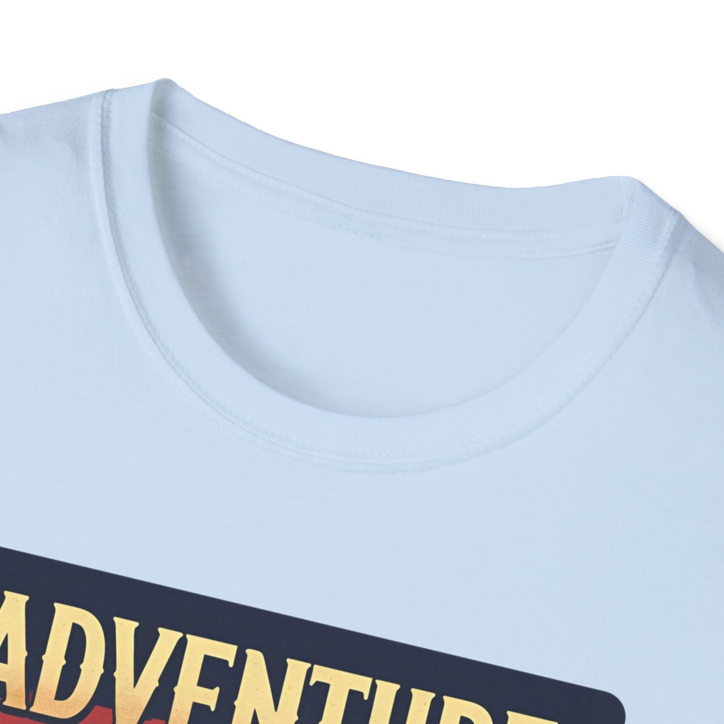 Adventure Awaits - Retro Camper Van Adventure T-Shirt in Light Blue - Neckline