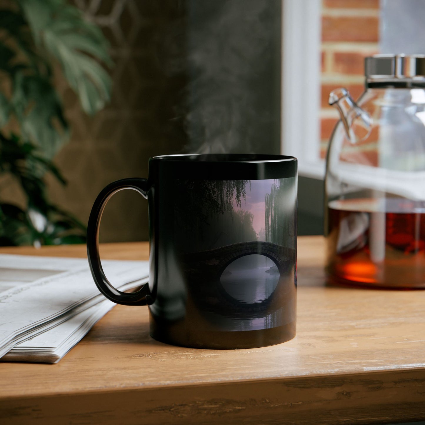 Bridge Over Morning Mist Mug - Black mug with serene image