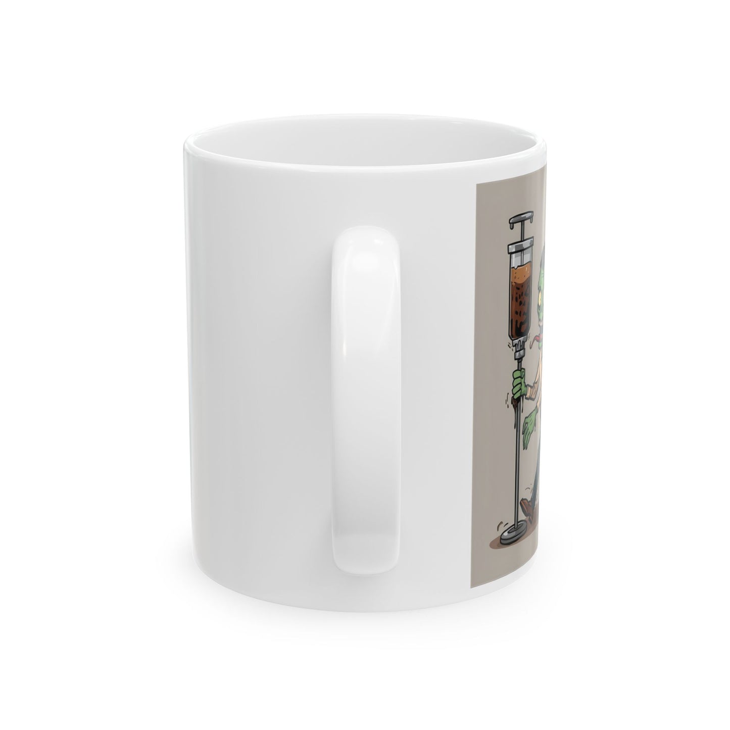 I Can’t Human Until This Sh*t Hits My Bloodstream – Zombie Coffee Mug - Side View - white mug with cartoon image and funny text